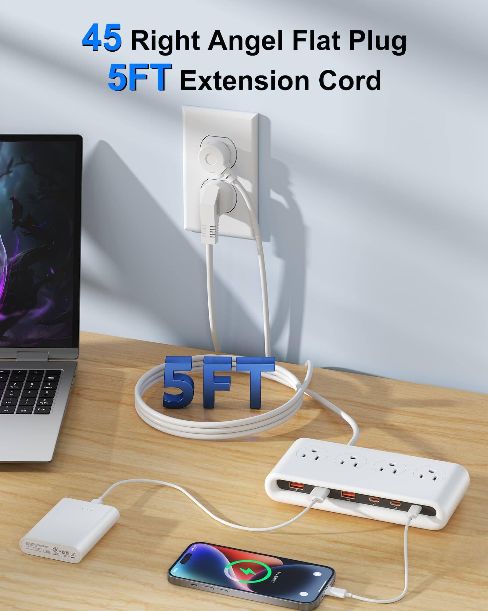 45 Right Angel Flat Plug 5FT Extension Cord