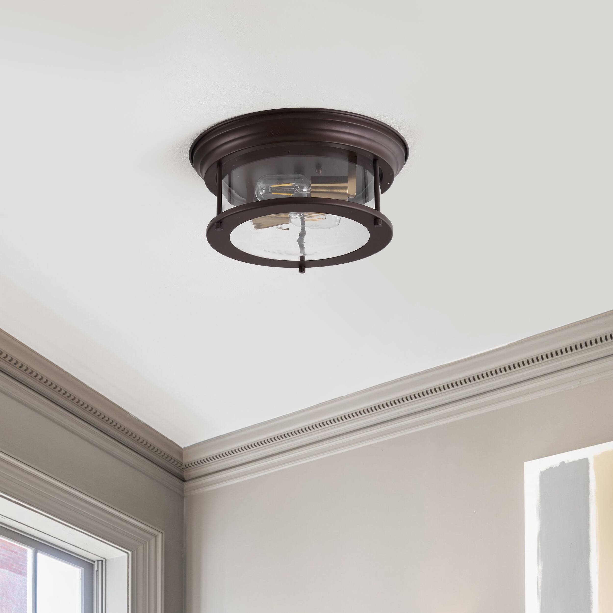 Alt View 5. Jonathan Y - Lauren 13.25" 2-Light Metal/Glass LED Flush Mount, Oil Rubbed Bronze/Brass Gold - Oil Rubbed Bronze/Brass Gold.