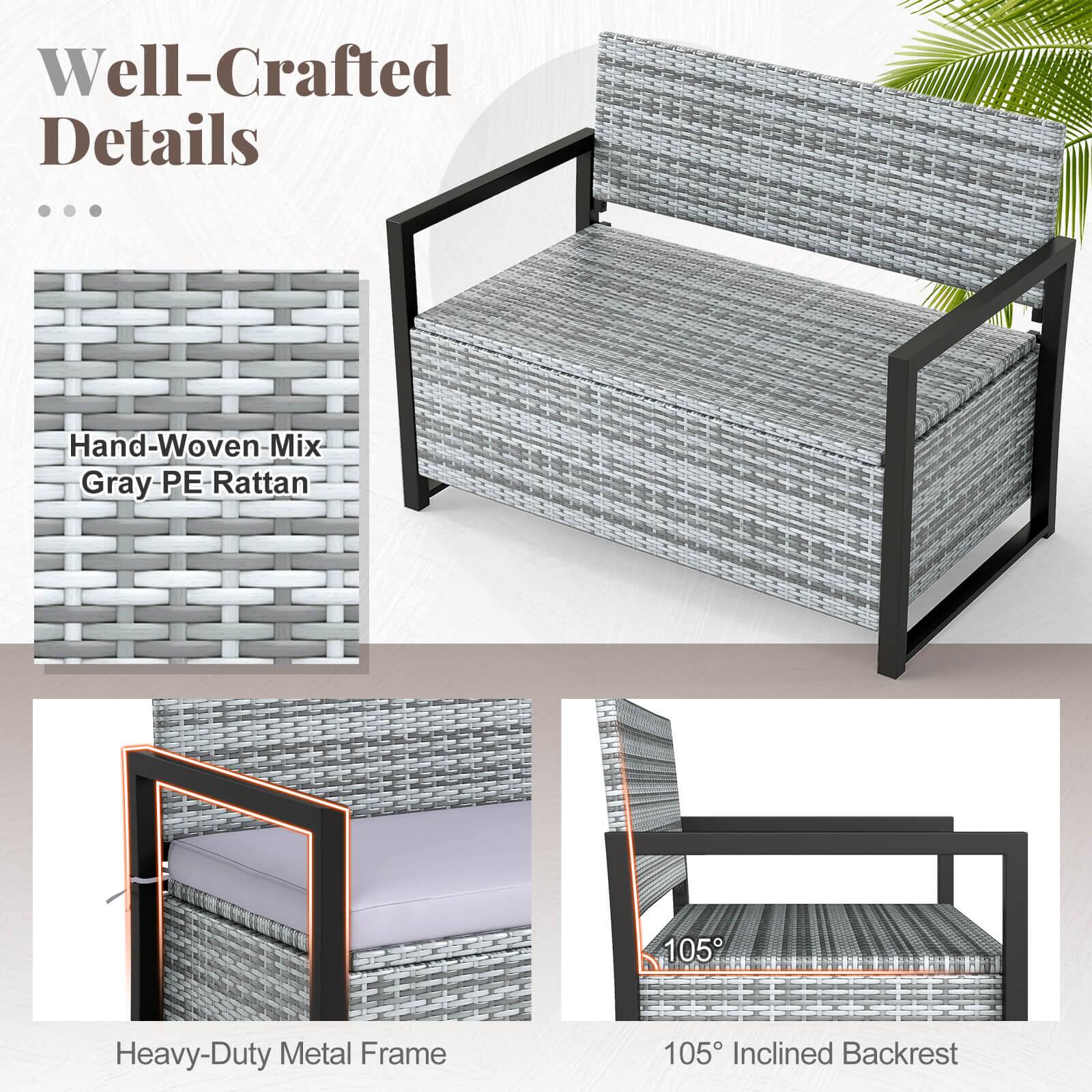 Well-Crafted Details

- Hand-Woven Mix Gray PE Rattan
- Heavy-Duty Metal Frame
- 105° Inclined Backrest