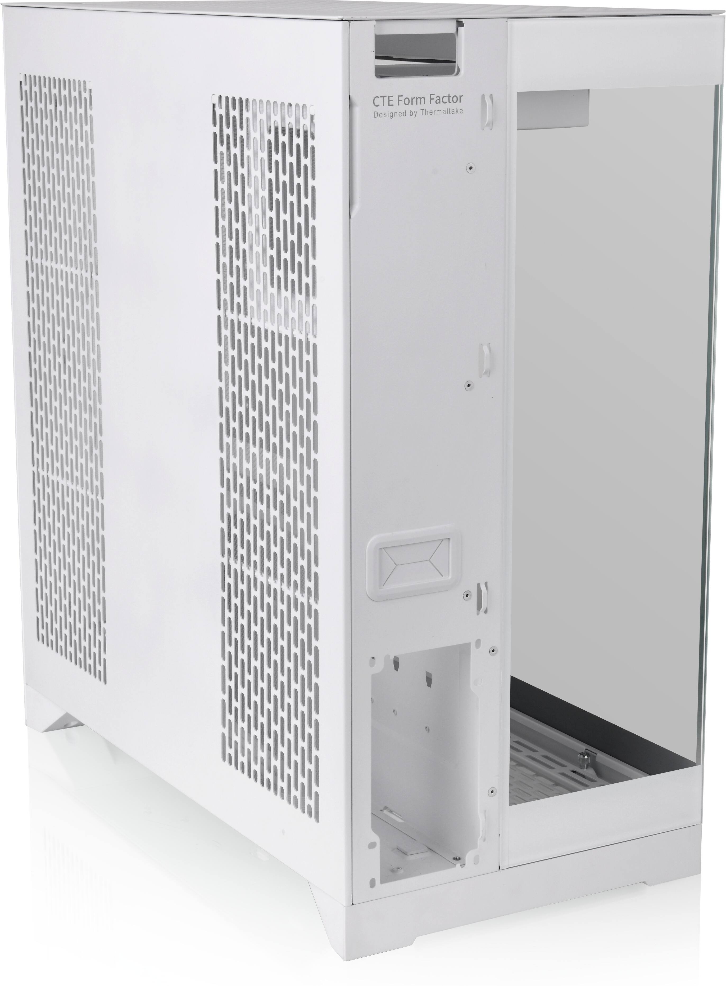 The image features a white CTE Form Factor Designed by Thermaltake computer tower. The tower is made of metal and has a vented design, allowing for better airflow and cooling. The front of the tower has a glass window, giving a clear view of the internal components. The tower is designed to be efficient and aesthetically pleasing, making it a great choice for computer enthusiasts.