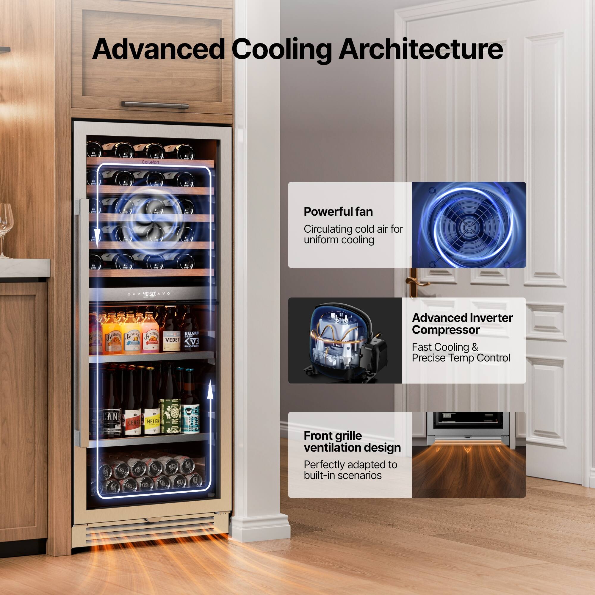 Advanced Cooling Architecture

- Powerful fan
  - Circulating cold air for uniform cooling

- Advanced Inverter Compressor
  - Fast Cooling & Precise Temp Control

- Front grille ventilation design
  - Perfectly adapted to built-in scenarios