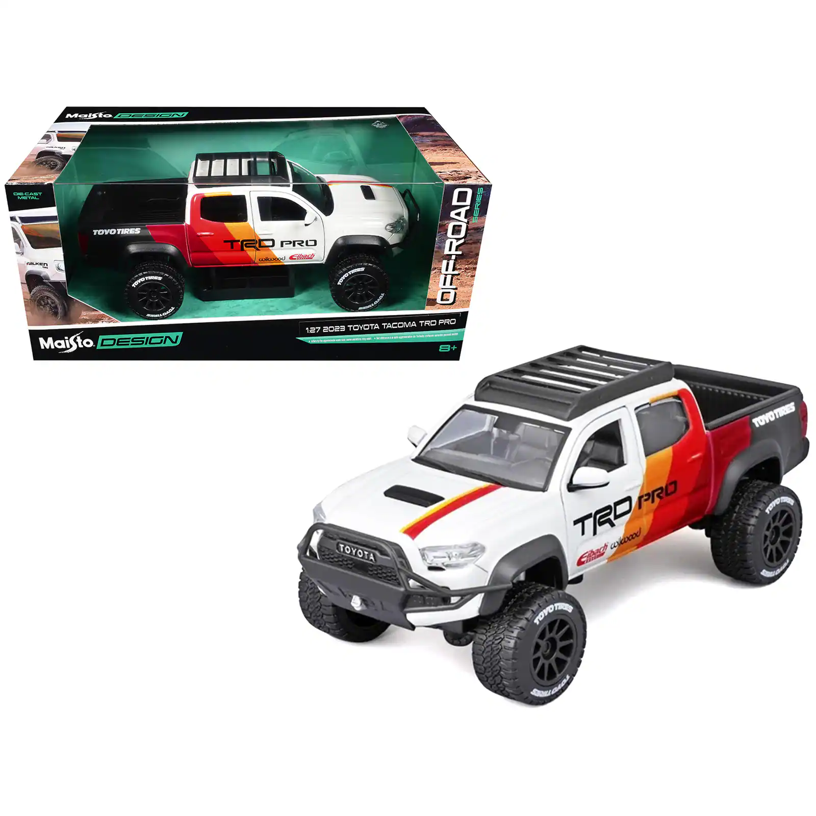 2023 Toyota Tacoma TRD PRO Off Road Truck White with Graphics and Roof Rack "Maisto Design" Series 1/27 Model Car Maisto