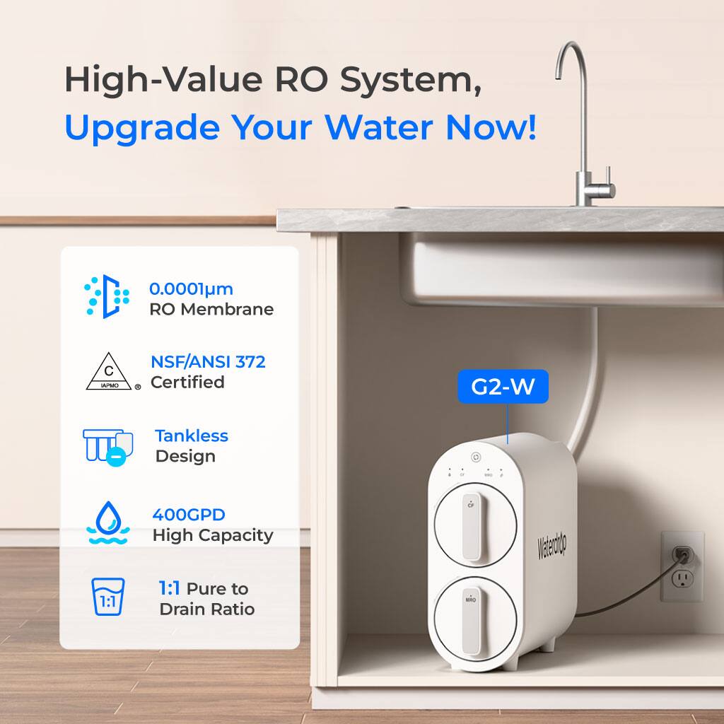 High-Value RO System, Upgrade Your Water Now! 0.0001m RO Membrane NSF/ANSI 372 Certified G2-W Tankless Design 400GPD High Capacity 1:1 Pure to Drain Ratio