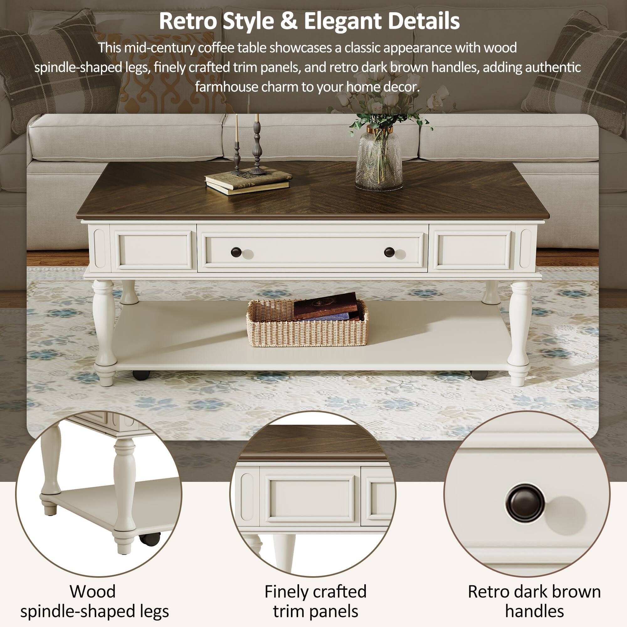 Retro Style & Elegant Details

This mid-century coffee table showcases a classic appearance with wood spindle-shaped legs, finely crafted trim panels, and retro dark brown handles, adding authentic farmhouse charm to your home decor.

- Wood spindle-shaped legs
- Finely crafted trim panels
- Retro dark brown handles