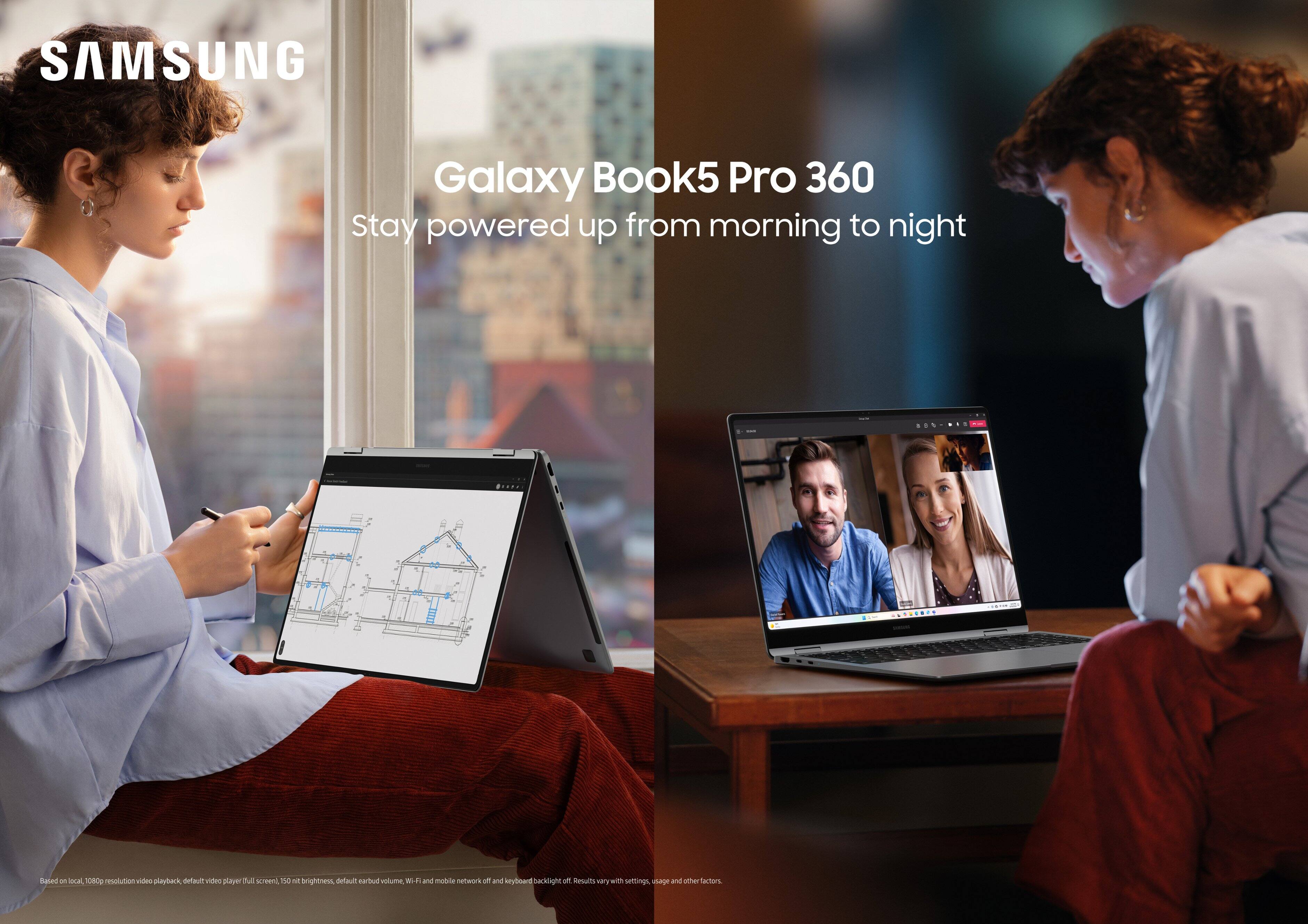 SAMSUNG Galaxy Book Pro 360 Stay powered up from morning to night - 360° rotation, 2880x1800 resolution, playback default video layer, screen brightness default mode, and multi-tasking with Sentiments AI and Director's Cut.