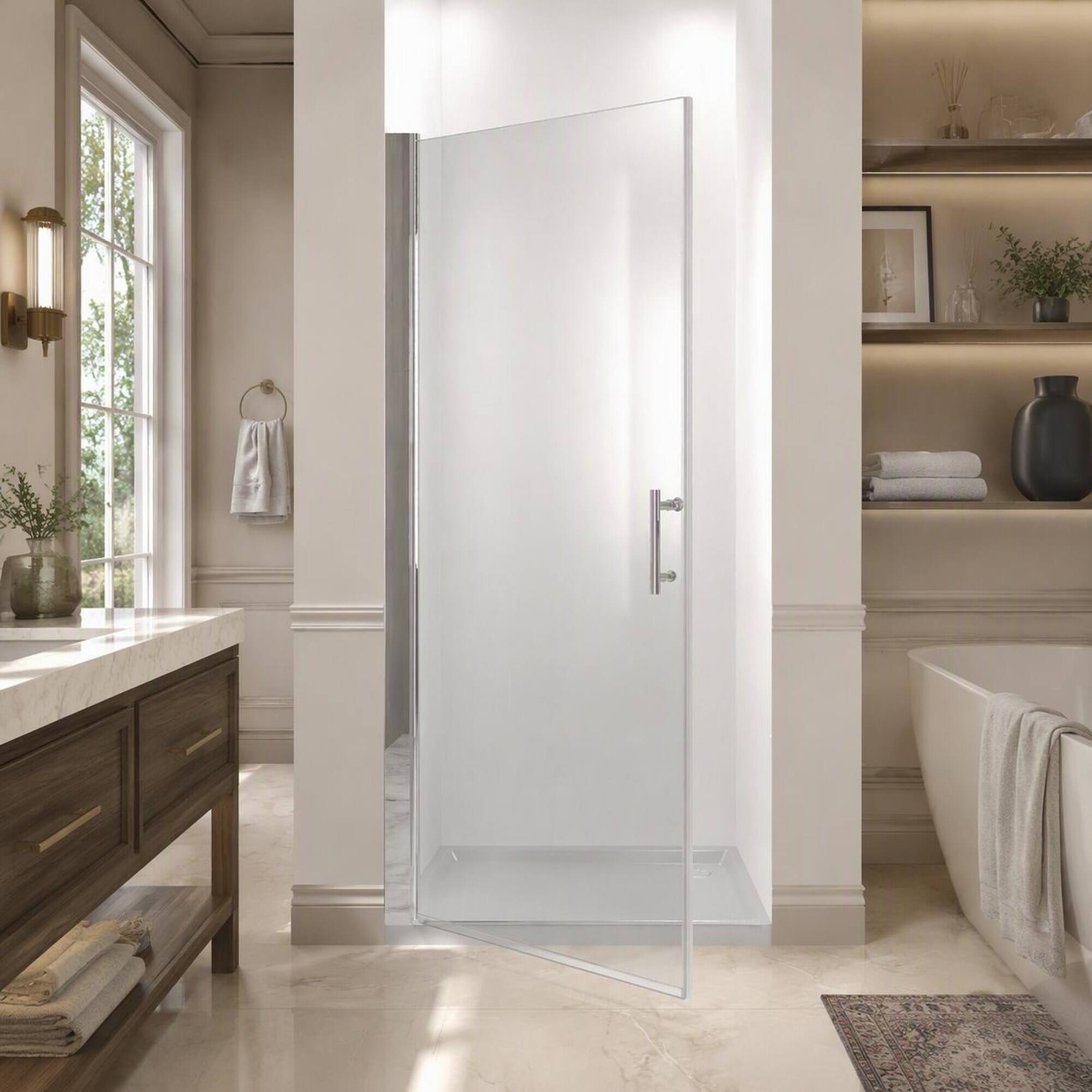 Back. RYHNUYNE - 37-36" X 72" Pivot Shower Door With 1/4" Tempered Glass, Chrome Frame And Safety Film - Chrome.