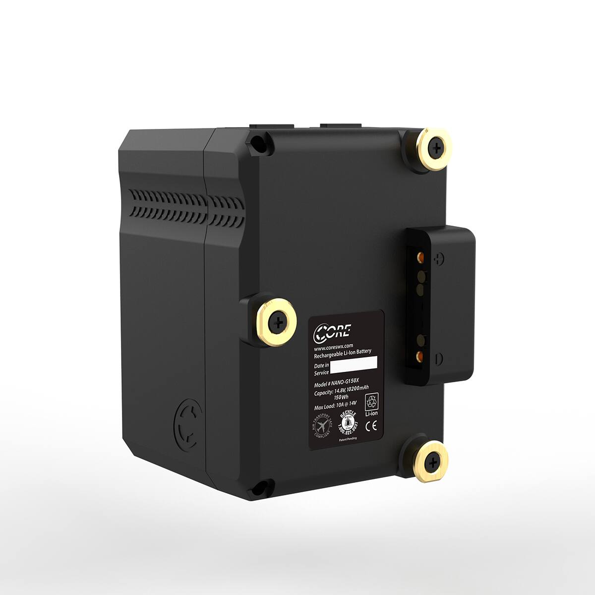 CODE CORL  
www.coreswx.com  
Li-lon Battery Rechargeable  
Date in Service  
NANO-G150K  
Model 10200mAh  
Capacity 14.8K 150WH  
TOA P  
14V Max Load: Li-ion  
CE