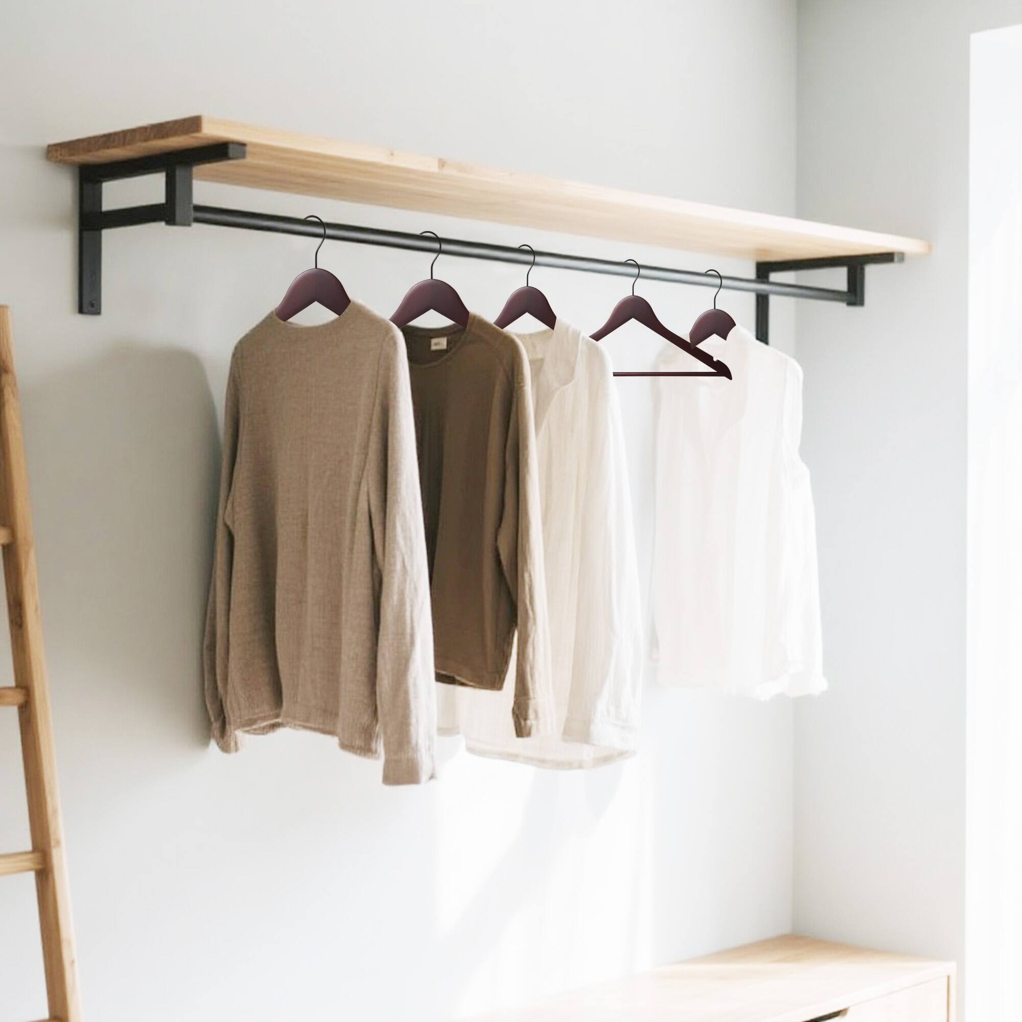 Alt View 2. BP4U - 12-Pack Wooden Suit Coat Hangers with Pant Bar, Wood Clothes Hangers for Jackets, Shirts, Dresses, Trousers(Dark Cherry) - Dark Cherry.