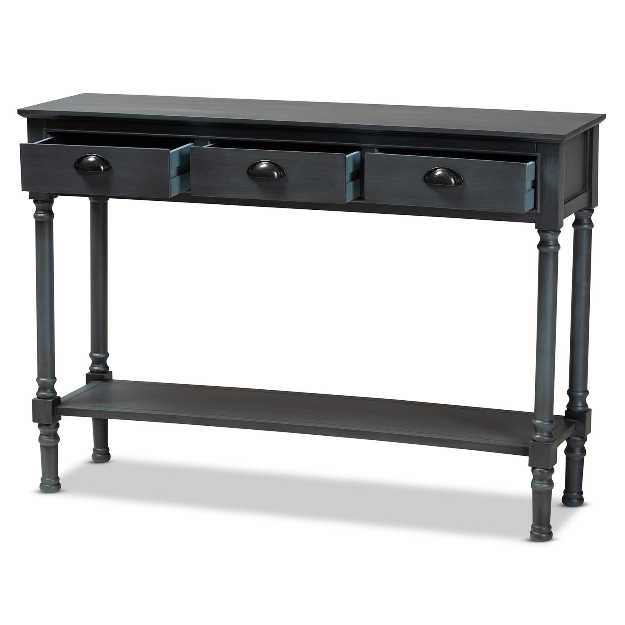 Angle. Baxton Studio - Garvey French Provincial Dark Gray Wood 3-Drawer Entryway Console Table - Dark Blue Gray.