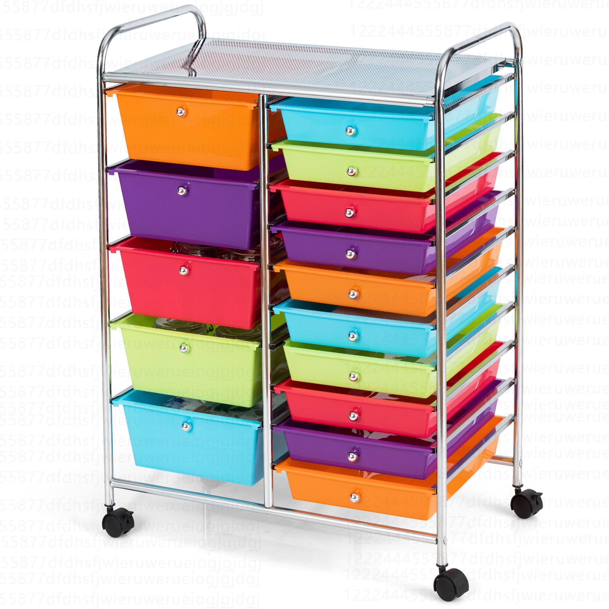 The image features a colorful cart with several shelves, each holding different colored bins. The cart is filled with various items, including a cup and a book. The cart is placed in a room with a white background, and the bins are arranged in a visually appealing manner. The cart is likely used for organizing and storing items in a neat and orderly fashion.