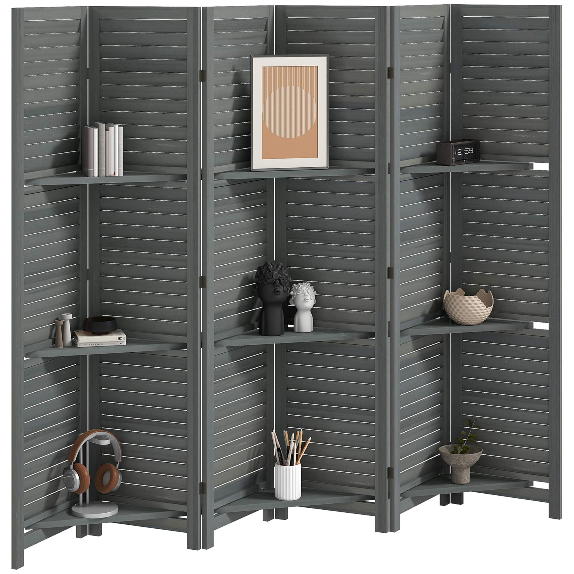 Homcom - Room Divider, 6 Panel 67" Tall Wood Privacy Screen with 3 Display Shelves, and Folding Storage for Bedroom - Gray