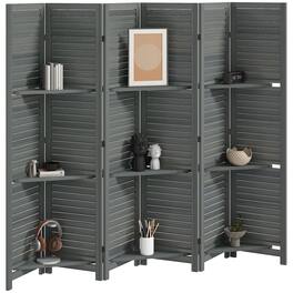 Homcom - Room Divider, 6 Panel 67" Tall Wood Privacy Screen with 3 Display Shelves, and Folding Storage for Bedroom - Gray