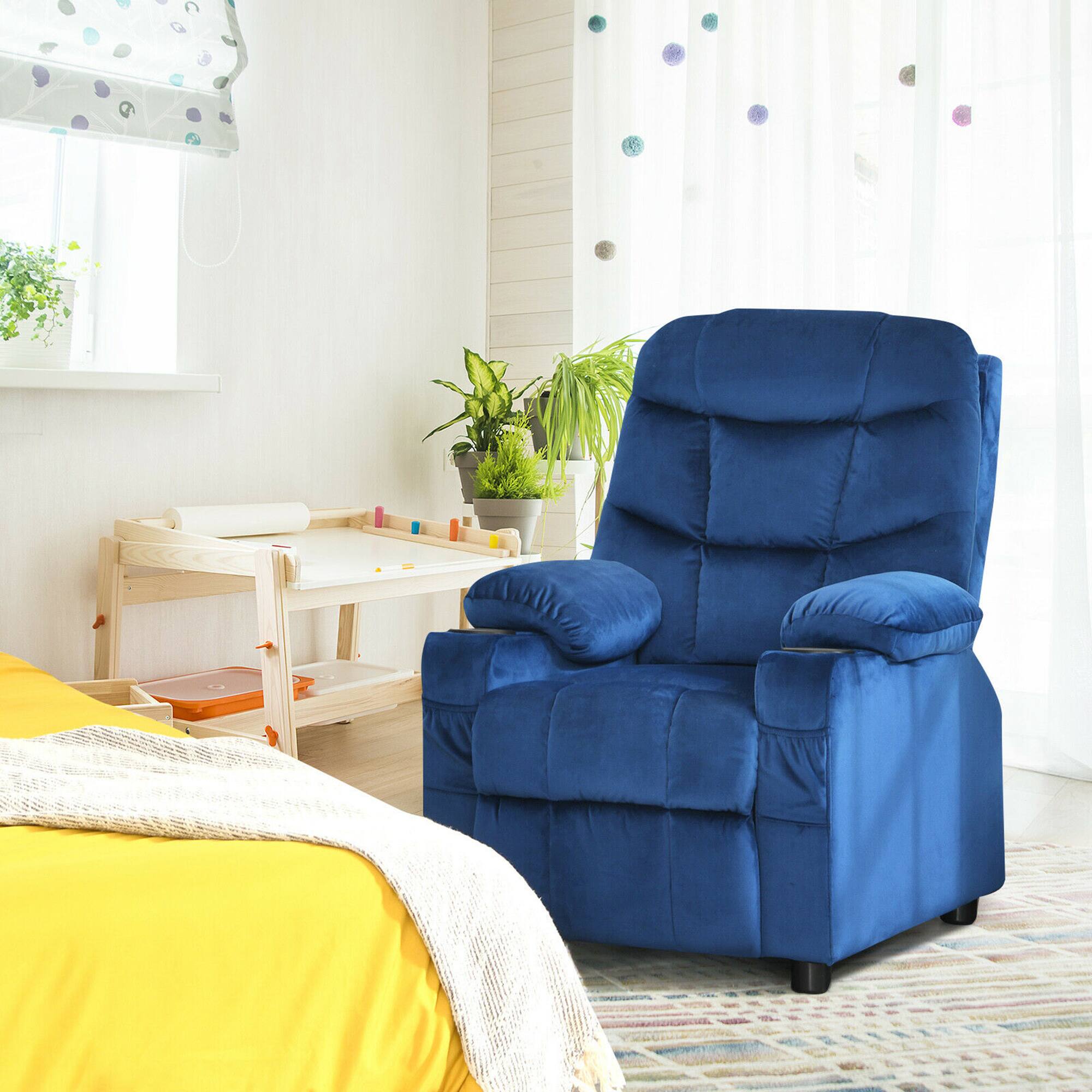 Alt View 3. Gymax - Gymax Kids Youth Recliner Chair Velvet Fabric w/Cup Holder & Side Pocket Blue - Blue.