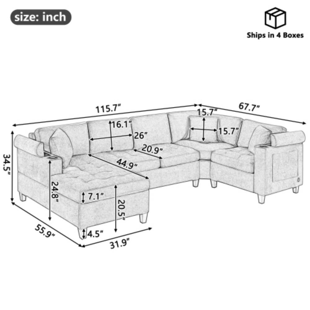 size: inch  
Ships in 4 Boxes  
34.5"  
24.8"  
55.9"  
115.7"  
16.1"  
26"  
20.9"  
44.9"  
7.1"  
20.5"  
4.5"  
31.9"  
15.7"  
67.7"  
15.7"