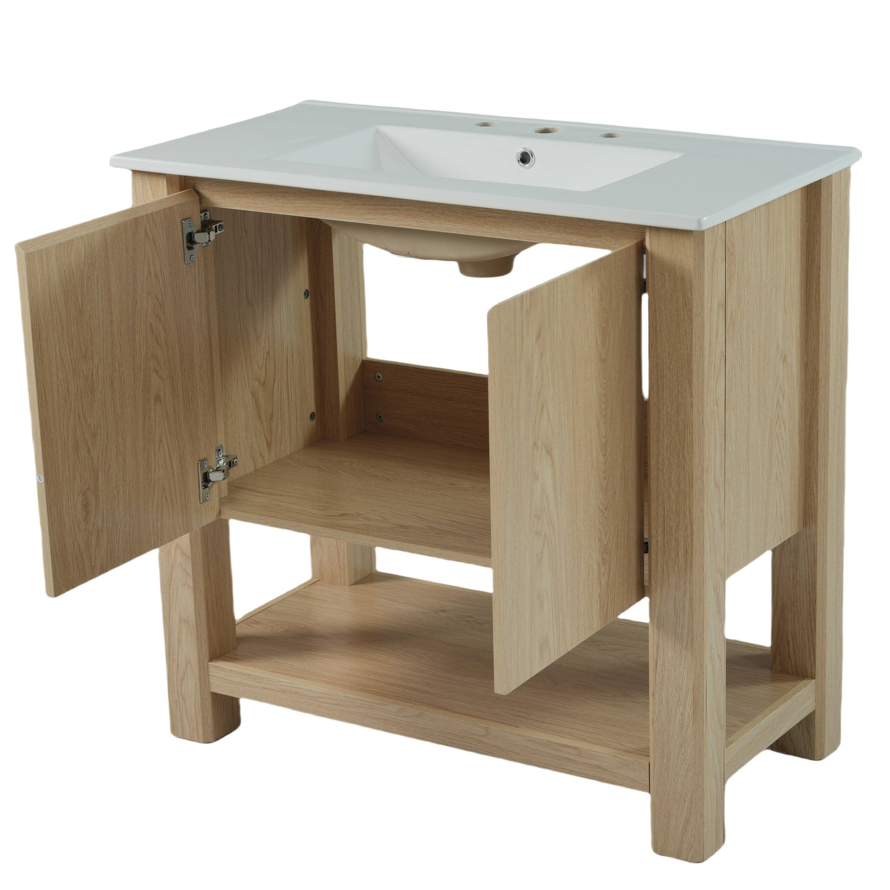 Back. Boyel Living - 36 Inch Modern Bathroom Vanity with Rectangle Ceramic Sink Large Storage 45 Degree Free Handle Natural - Natural.