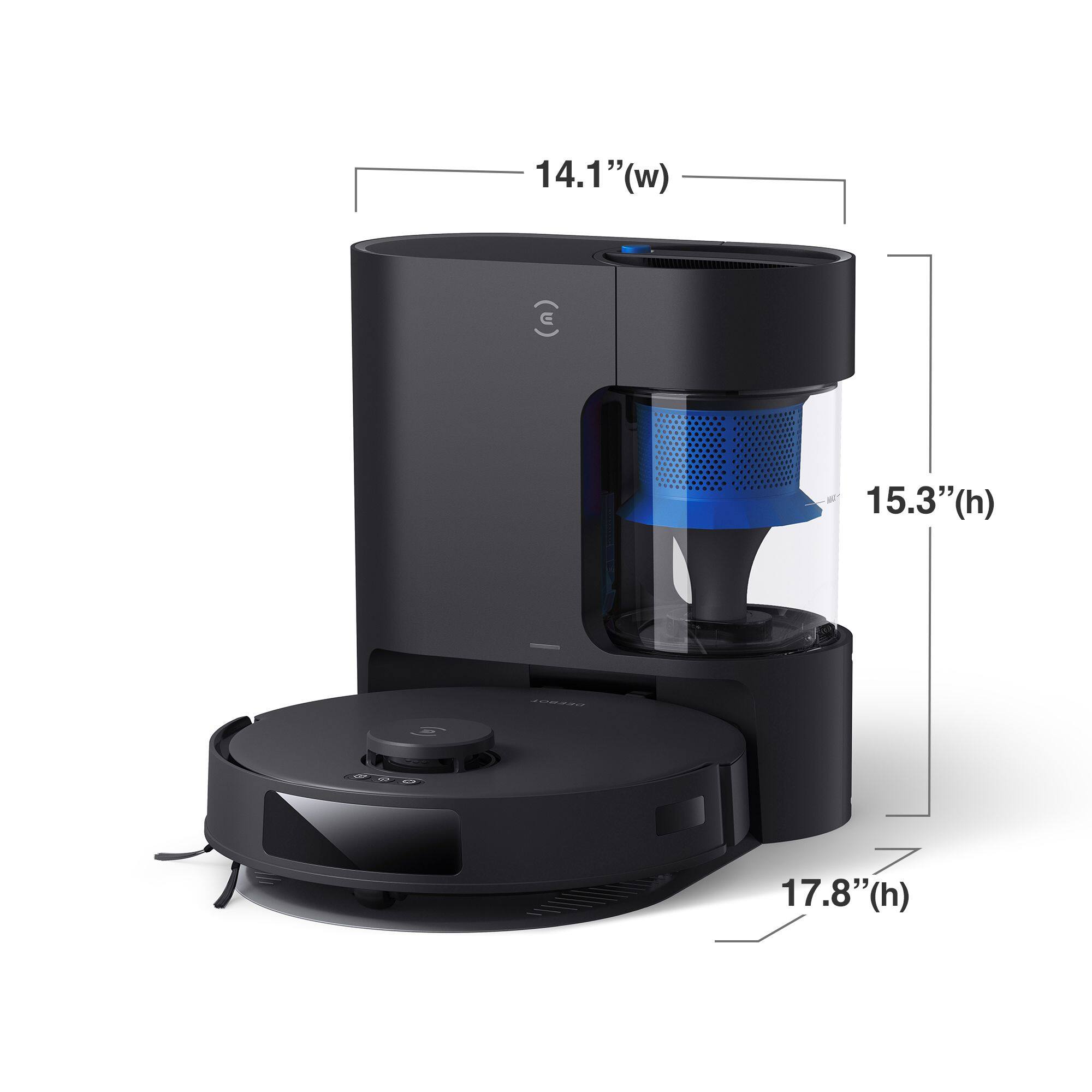 The image shows a black appliance with a blue container on top of it. The appliance is 14.1 inches wide, 15.3 inches high, and 17.8 inches high.