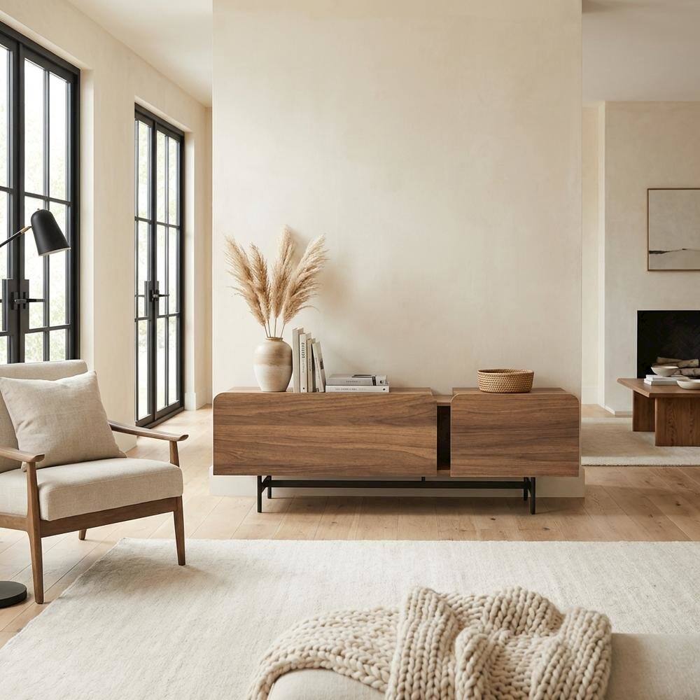 Alt View 2. FurniFact - Walnut Modern TV Stand for 75-Inch Screen with Engineered Wood Finish - Brown.