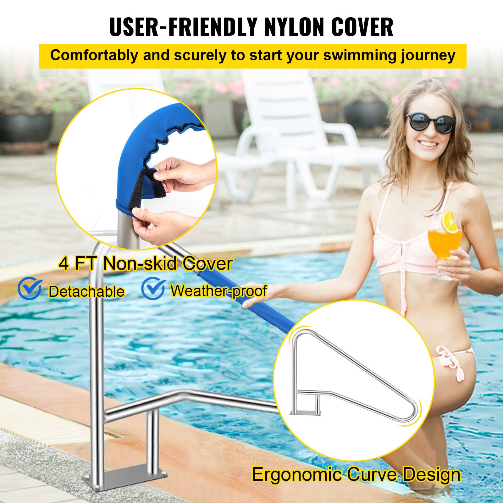 USER-FRIENDLY NYLON COVER  
Comfortably and securely to start your swimming journey  

4 FT Non-skid Cover  
✓ Detachable  
✓ Weather-proof  

Ergonomic Curve Design