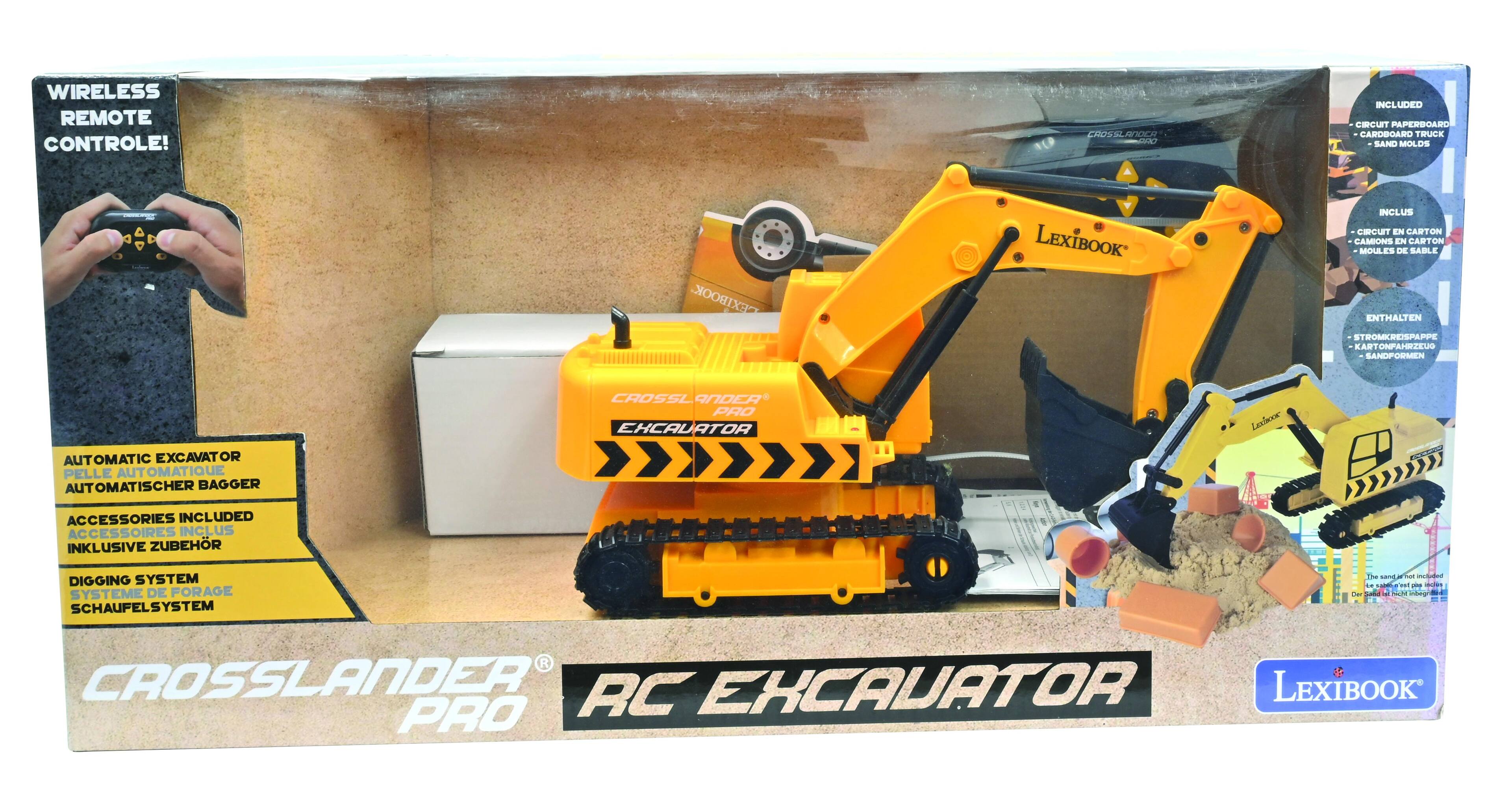 WIRELESS REMOTE CONTROL!  
CROSSLANDER PRO AC EXCAVATOR  
LEXIBOOK  

INCLUDED  
CECUT PAPERBOARD CARDBOARD TRUCK SAND MOLDS  
LEXIBOOK INCLUS CHCUrT EN CARTON CAMIONS EN CARTON MOULES DE SABLE  
ENTHALTEN STROMKREISPAPPE KART ONPAH ZV SANDPORMEN  
CROSSLANDER PRO CXCAUATOR  
Lexbrooe AUTOMATIC EXCAVATOR PELLE AUT UTOMATIQUE AUT OMATISCHER BAGGER  
ACCESSORIES INCLUDED ACCESSOIRES INCLUS INKLUSIVE ZUBEHR  
DIGGING SYSTEM SYSTEME DE FORAGE SCHAUFELSYSTEM  

CROSSLANDER PRO AC EXCAVATOR
