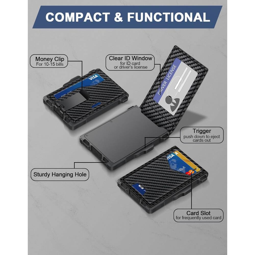 COMPACT & FUNCTIONAL

- Money Clip: For 10-15 bills
- Clear ID Window: For ID card or driver's license
- Trigger: Push down to eject cards out
- Sturdy Hanging Hole
- Card Slot: For frequently used card