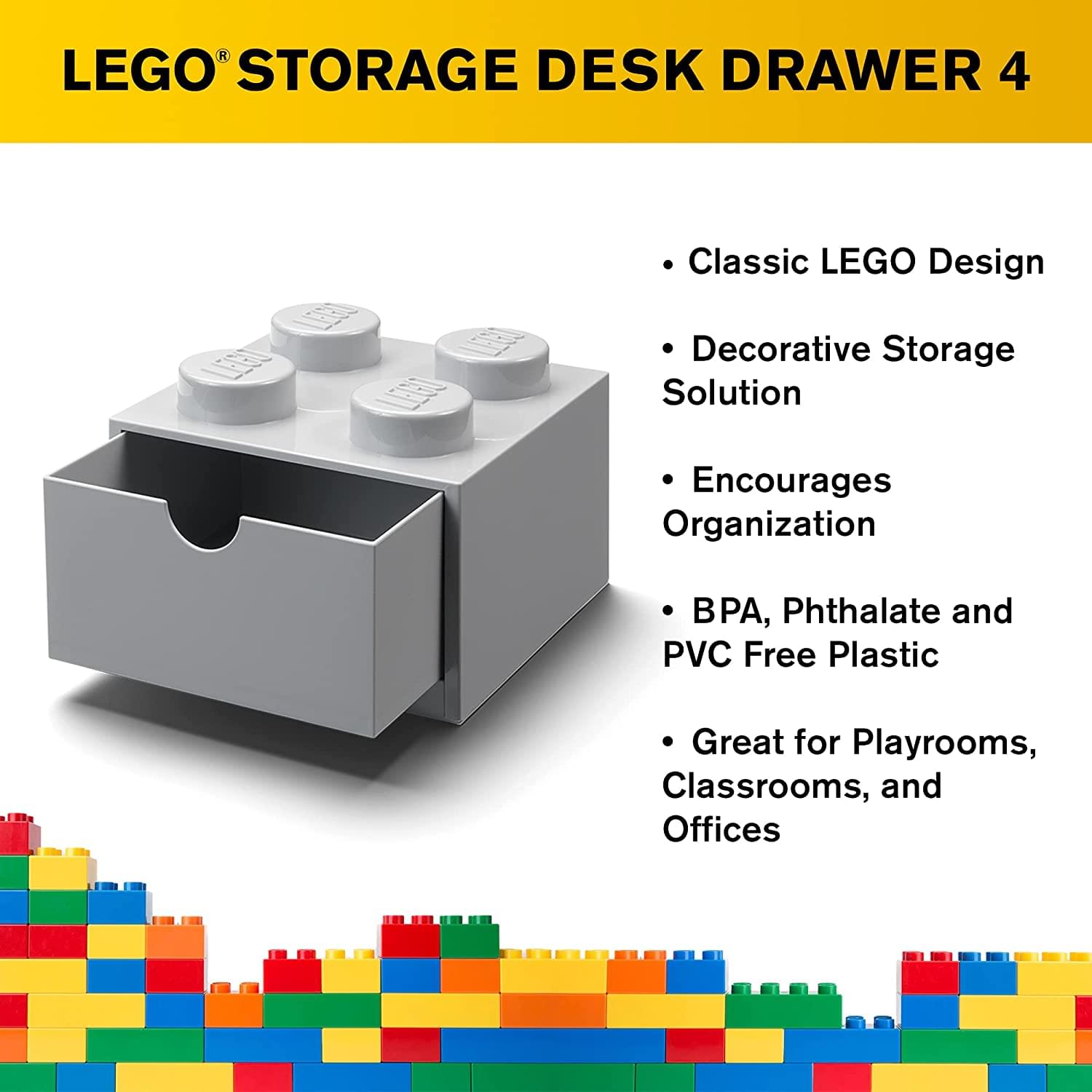 LEGO® STORAGE DESK DRAWER 4

- Classic LEGO Design
- Decorative Storage Solution
- Encourages Organization
- BPA, Phthalate and PVC Free Plastic
- Great for Playrooms, Classrooms, and Offices
