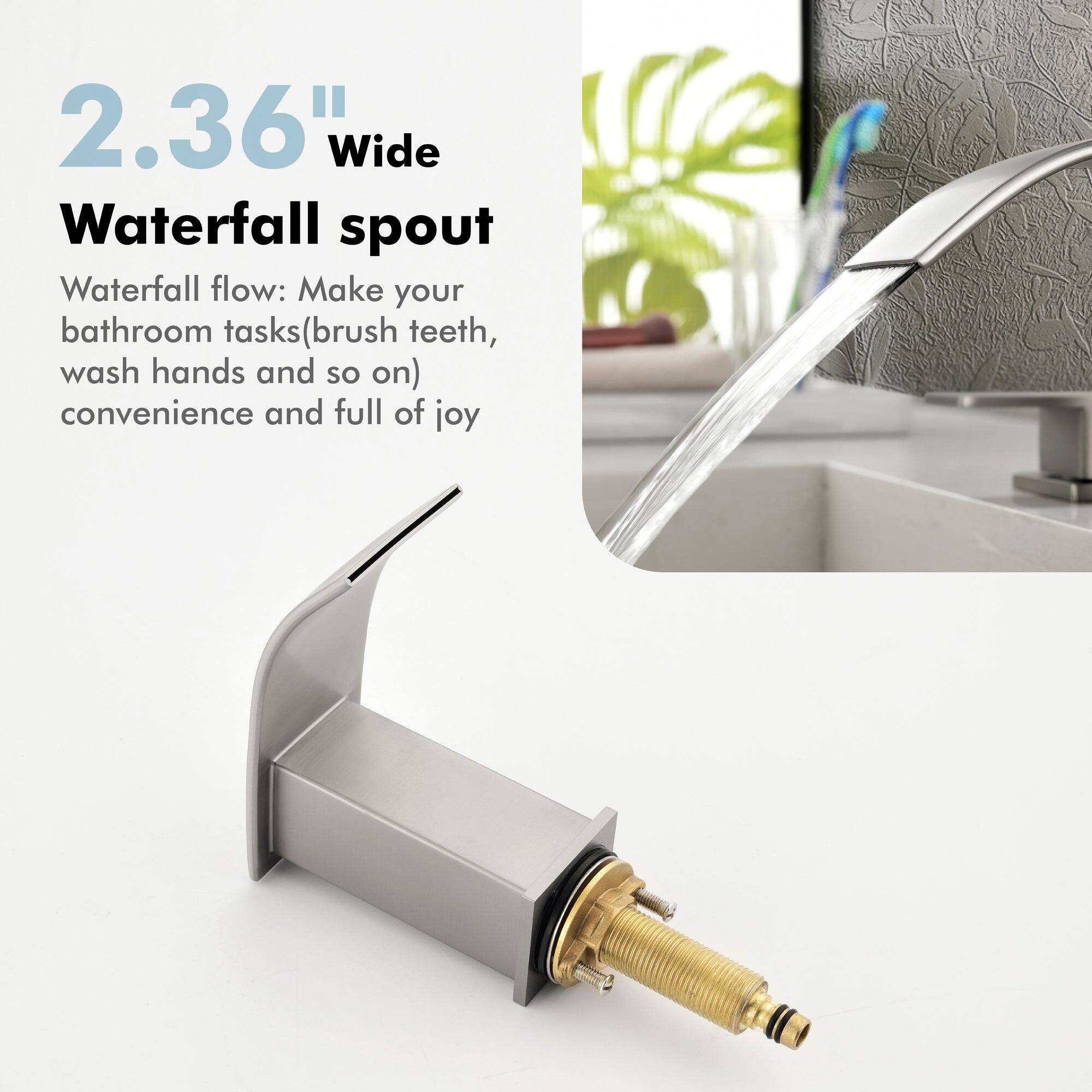 2.36" Wide Waterfall spout

Waterfall flow: Make your bathroom tasks (brush teeth, wash hands and so on) convenience and full of joy