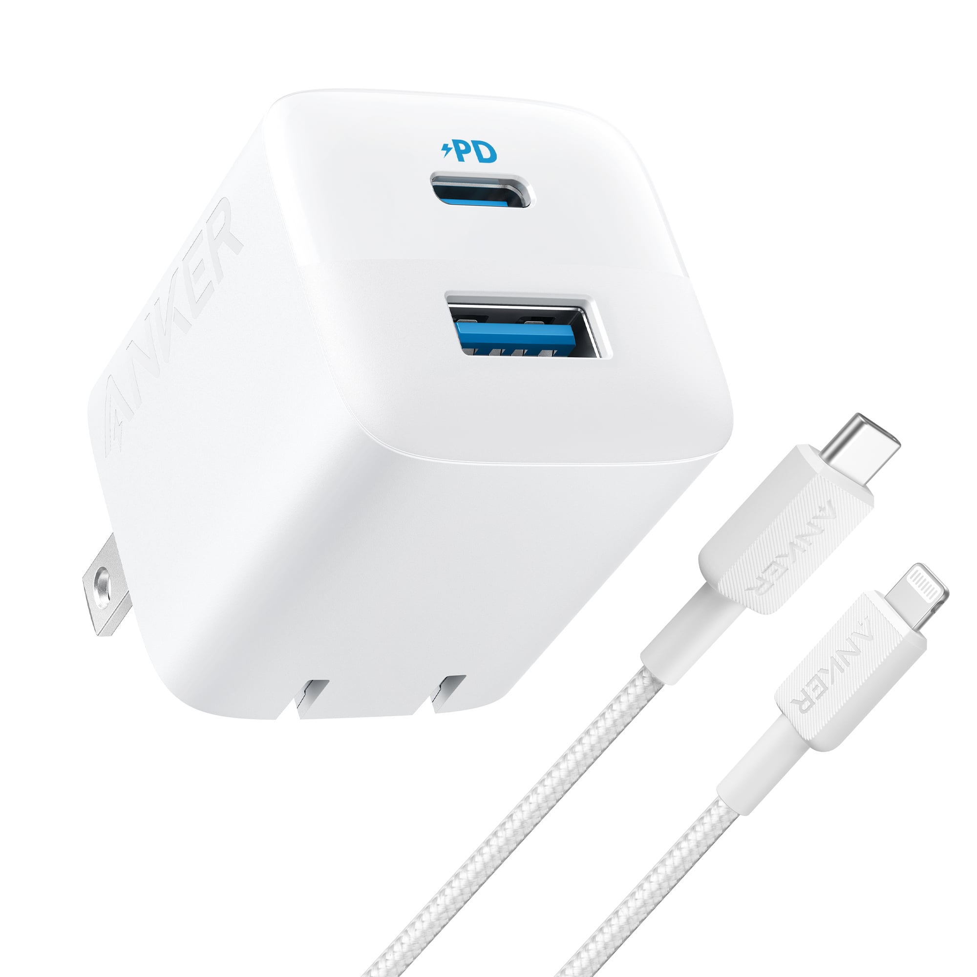 Anker - Wall Charger (32W, 2-Port) with 6 ft USB-C to Lightning Cable - White
