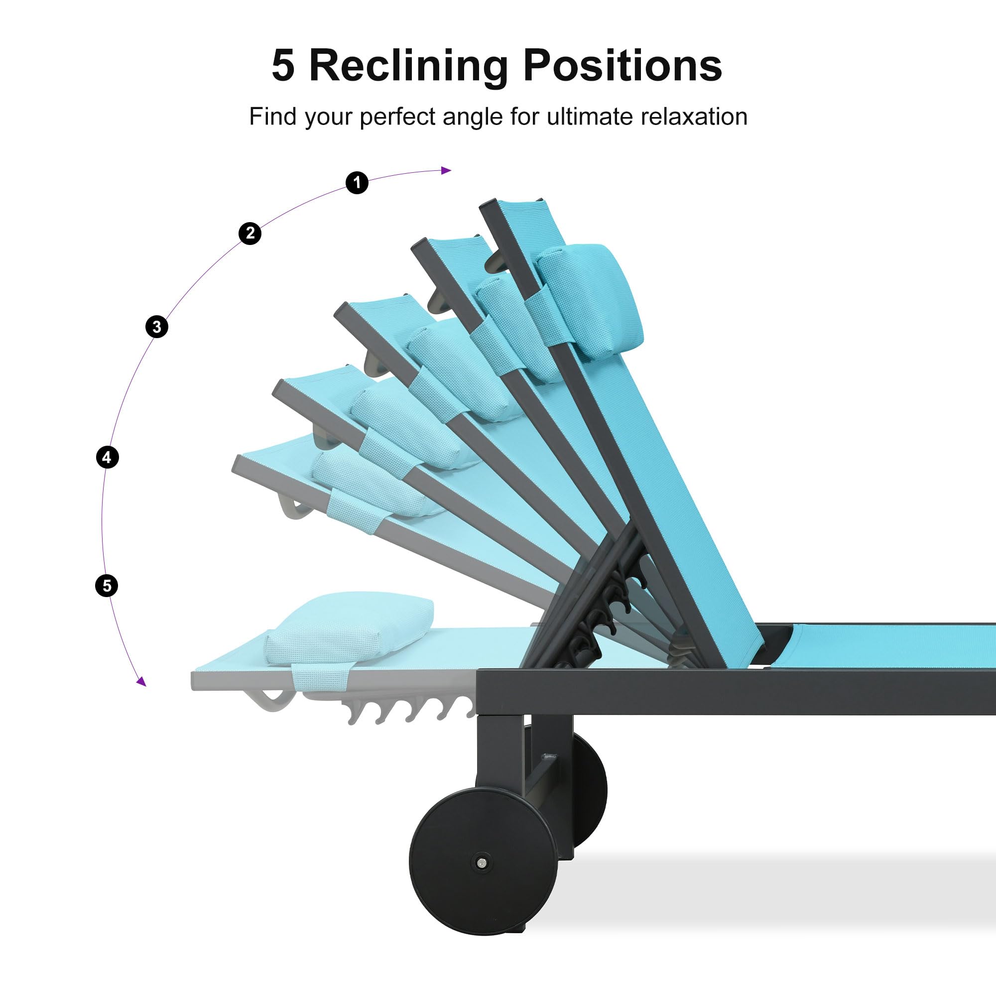 5 Reclining Positions  
Find your perfect angle for ultimate relaxation  

1  
2  
3  
4  
5