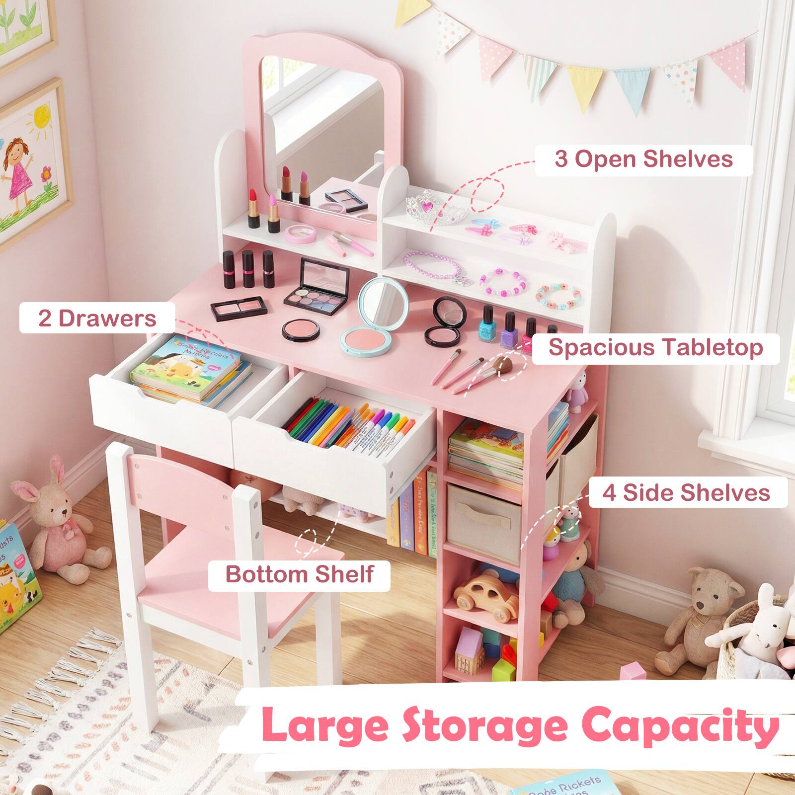 3 Open Shelves  
2 Drawers  
Spacious Tabletop  
4 Side Shelves  
Bottom Shelf  
Large Storage Capacity