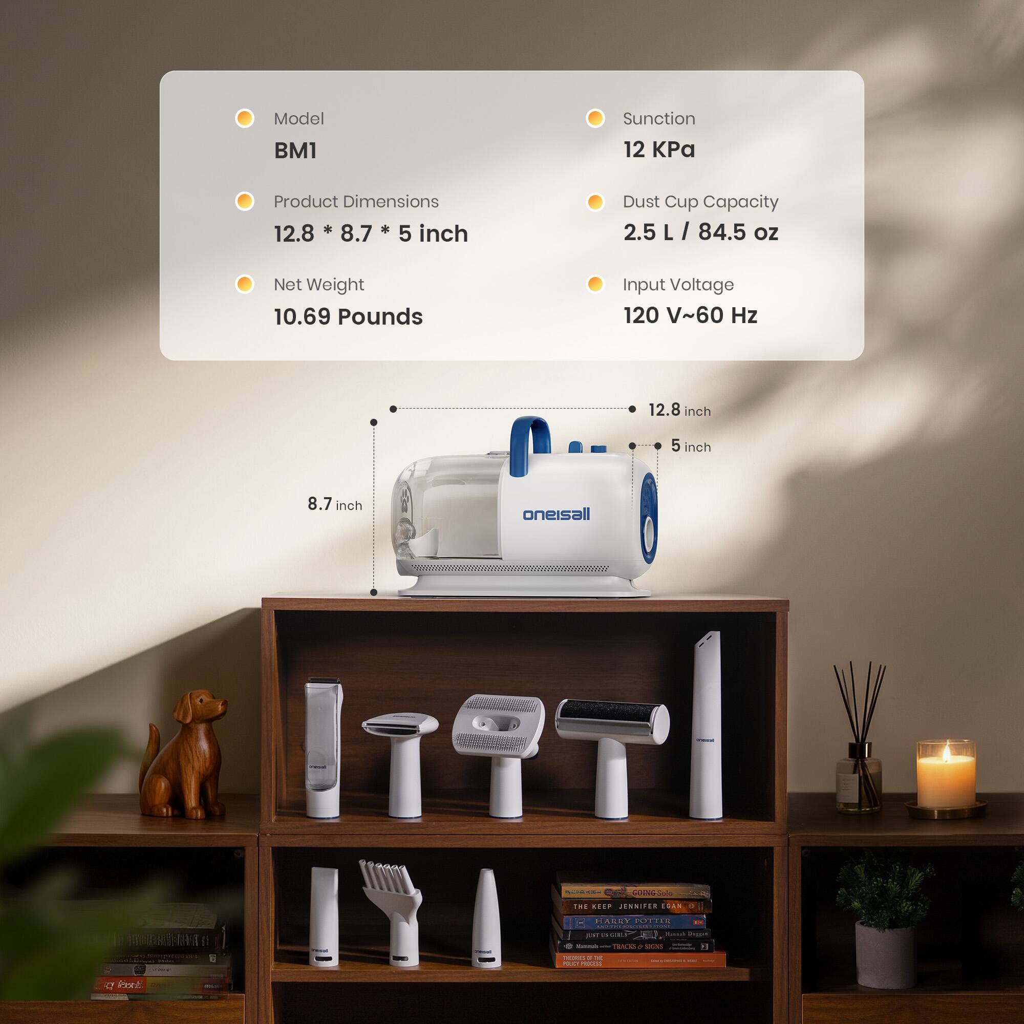 Model: BM1  
Suction: 12 kPa  
Product Dimensions: 12.8 * 8.7 * 5 inch  
Dust Cup Capacity: 2.5 L / 84.5 oz  
Net Weight: 10.69 Pounds  
Input Voltage: 120 V~60 Hz