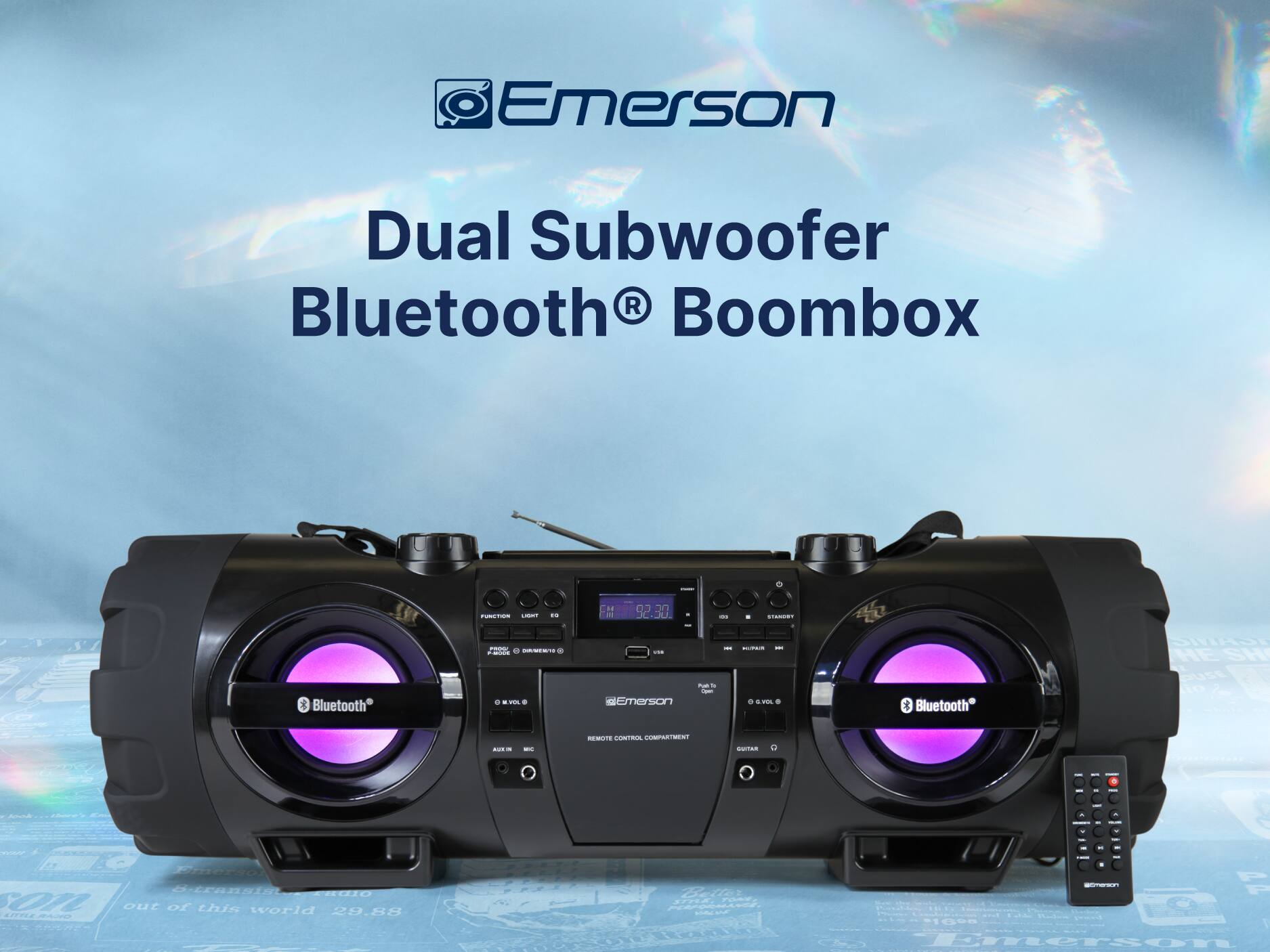 Emerson Dual Subwoofer Bluetooth® Boombox - - - -  03    - INO  Bluetooth  -  P . - Emerson 3 - - - . --  Bluetooth DIIADT HE SH BUSE Ro < MTS C COMPRTENT : . -  I I - - - . - PO LCSI 0IO C7L out of this world 29.88 4mLZ - P O F 1 Emersor