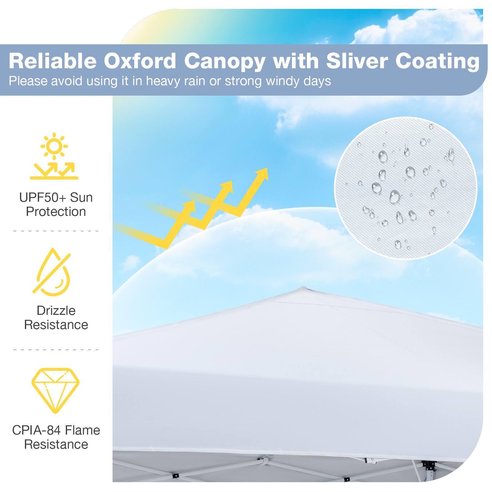 Reliable Oxford Canopy with Silver Coating  
Please avoid using it in heavy rain or strong windy days  

- UPF50+ Sun Protection  
- Drizzle Resistance  
- CPIA-84 Flame Resistance