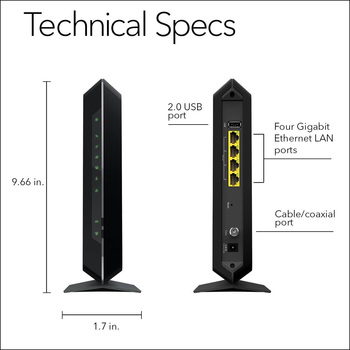 Technical Specs:

* 2.0 USB port
* Four Gigabit Ethernet LAN ports
* 9.66 in. & 1.7 in.