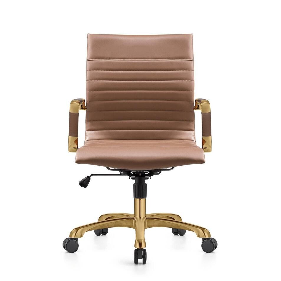 Back. LeisureMod - Harris Mid-Back Office Chair, Leather Upholstery with Gold Metal Frame Modern Armless Desk Chair for Conference Seating - Light Brown.