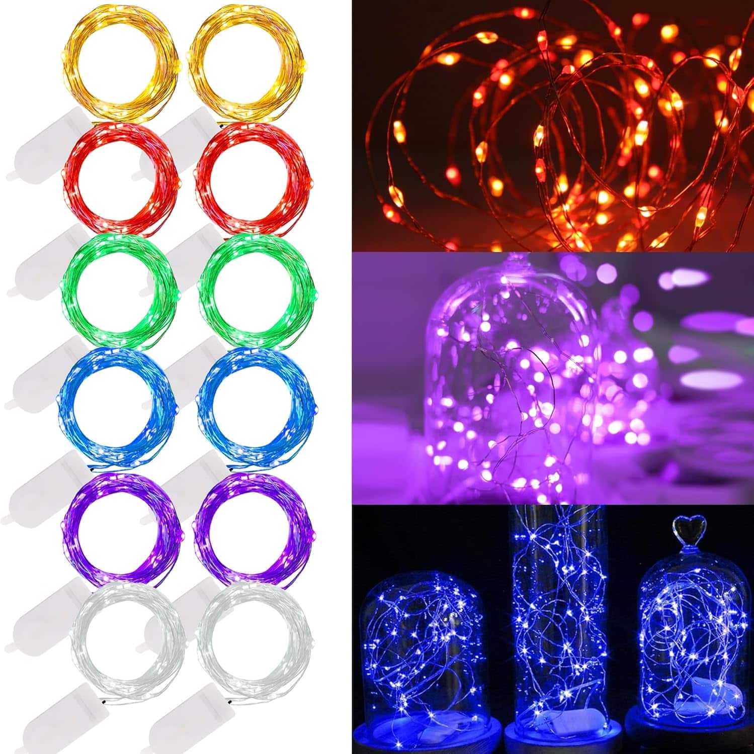 THIRSTY TURTLE - 12-Pack 20-LED Fairy String Lights, Battery Operated, Multicolor Silver Wire