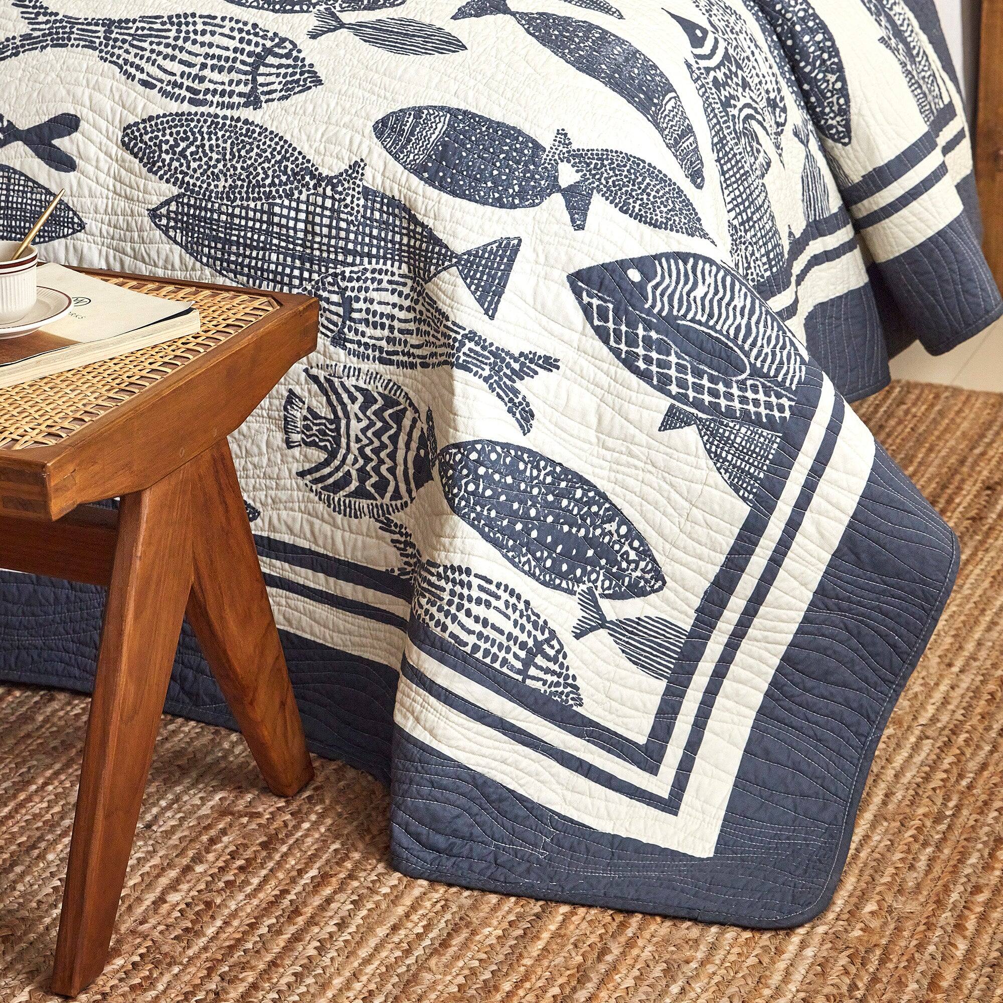 Alt View 2. MarCielo - Marcielo 3 Piece 100% Cotton Nautical Fish Print Quilt Bedspread Set - Coastal Blue.