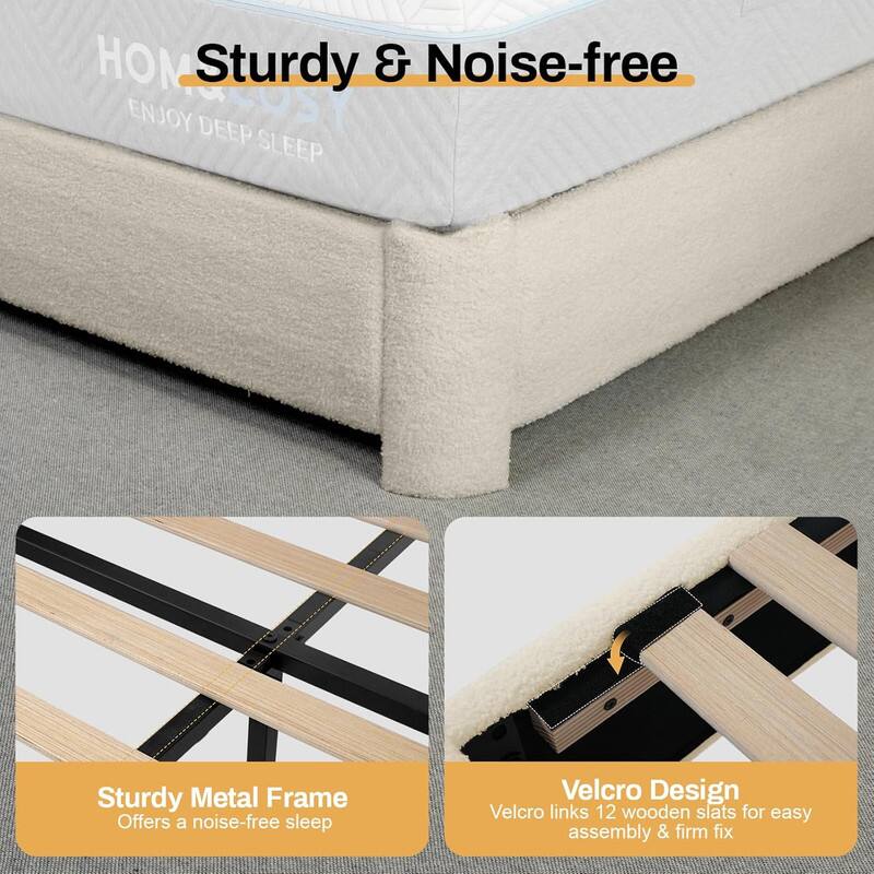**HOMS**

**Sturdy & Noise-free**

**ENJOY DEEP SLEEP**

---

**Sturdy Metal Frame**

Offers a noise-free sleep

---

**Velcro Design**

Velcro links 12 wooden slats for easy assembly & firm fix