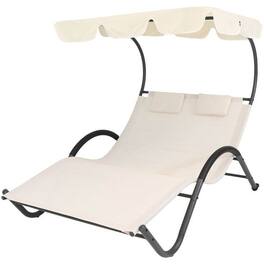 SlickBlue - 2-Person Outdoor Patio Chaise Lounger with Canopy and Pillows – Garden, Deck, or Backyard Relaxation Bed - Off White