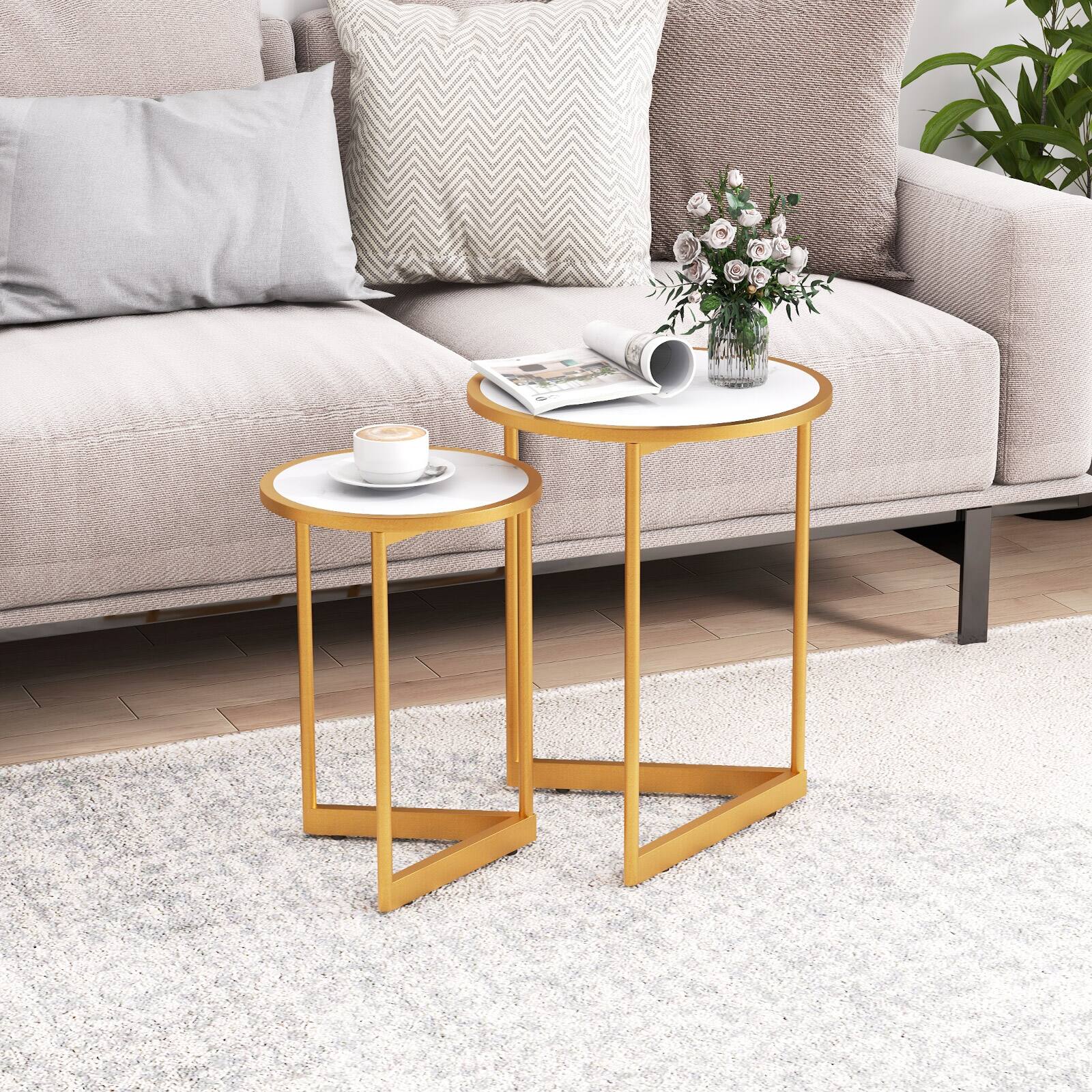 Alt View 1. Costway - Costway Round Nesting Table Set of 2 Modern Side End Table Space-saving V-shaped Base - White,Gold.