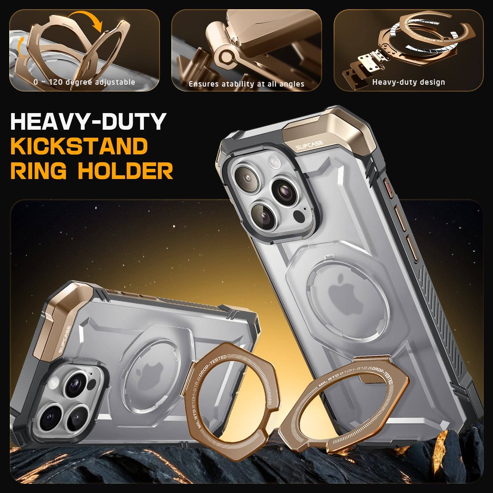 0-120 degree adjustable, Ensures stability at all angles, Heavy-duty design, HEAVY-DUTY KICKSTAND RING HOLDER, SUPCASE, SUPCASE ED T DROP BI8B000 MIL