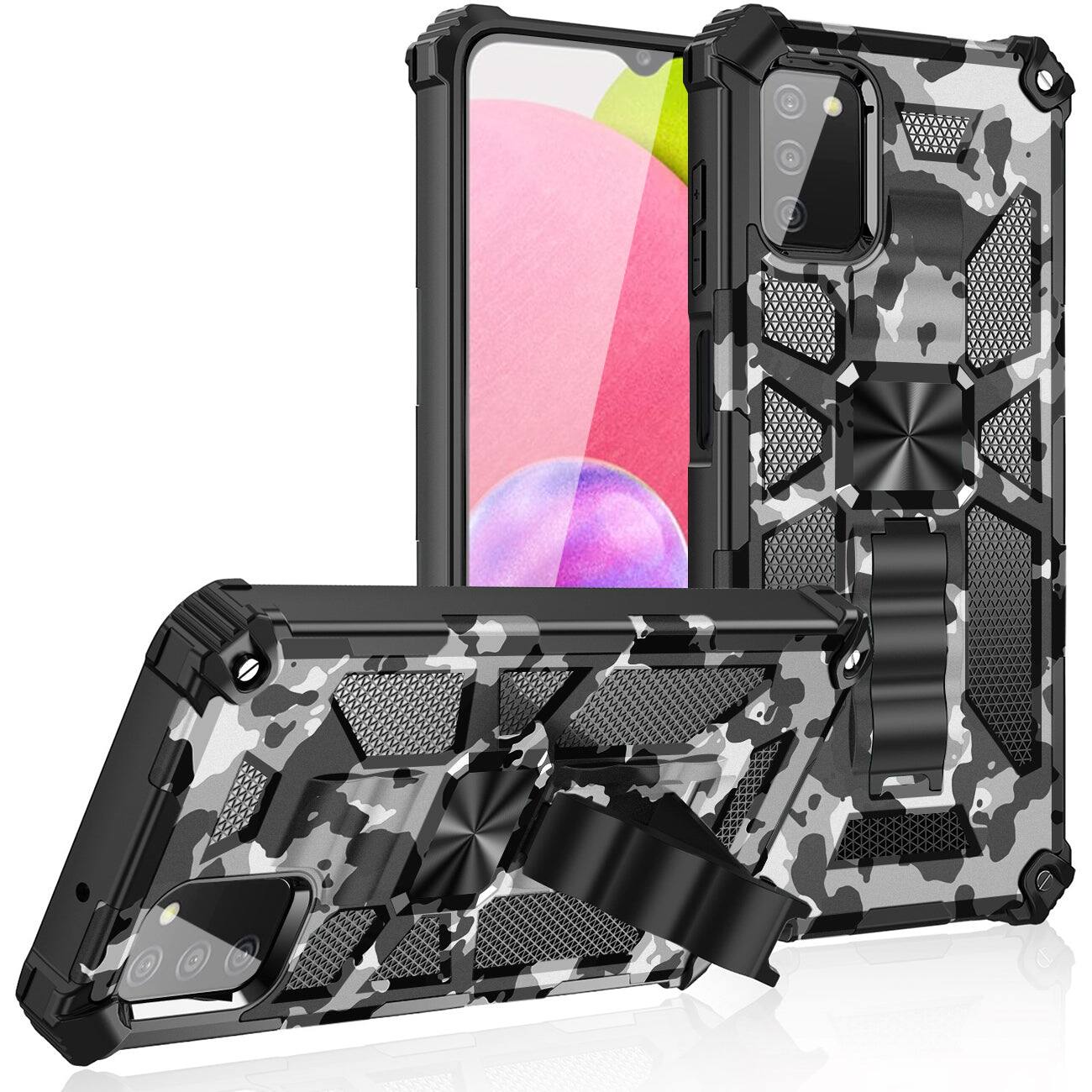 Front. Reiko - Built-In Kickstand Tpu Case With Magnetic Mount For Samsung Galaxy A02S In Camouflage - Multicolor.