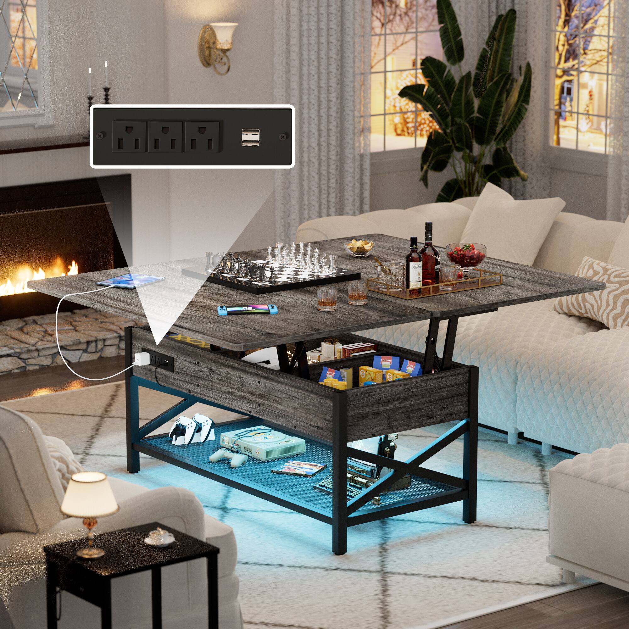 Alt View 3. Aheaplus - Convertible Lift Top Coffee Table: LED Lights & Power Outlet, Multi-Function Center Table for Living Room - Gray Oak.