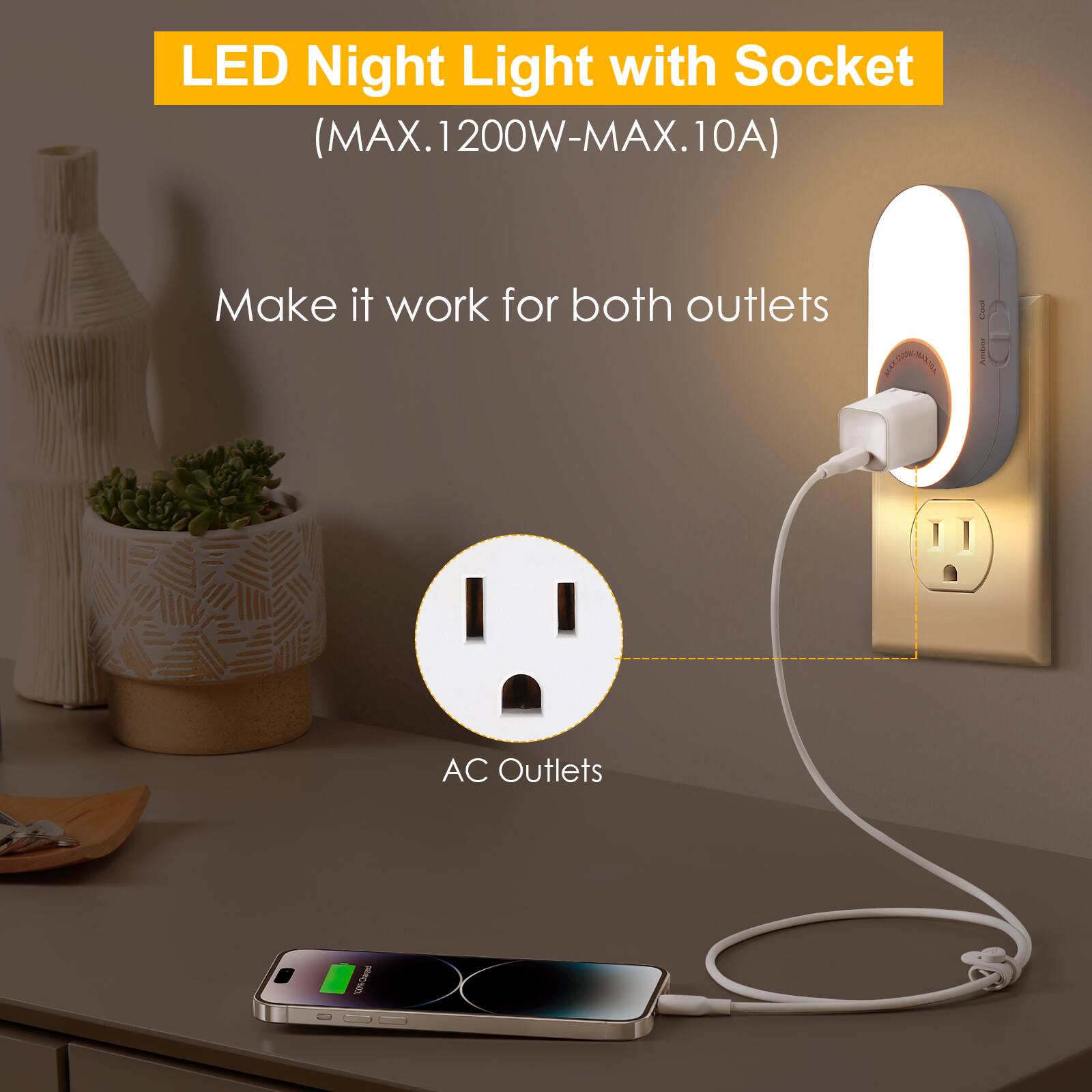 LED Night Light with Socket (MAX.1200W-MAX.10A)

Make it work for both outlets

AC Outlets