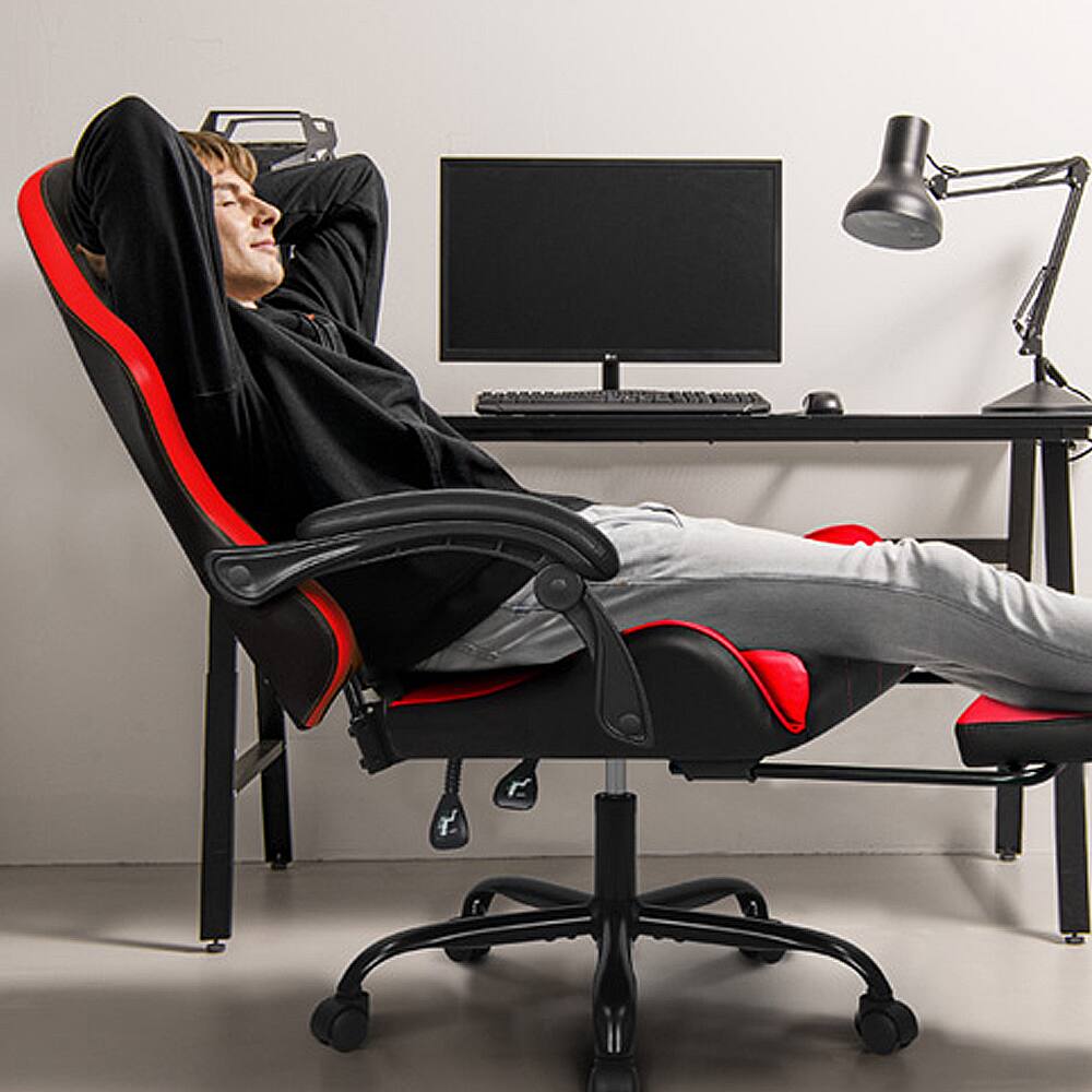 Left. Neo Chair - Gaming Chair with Footrest, High Back Ergonomic Office Computer Desk Chair, Lumbar Support, PU Leather Recliner - Red.