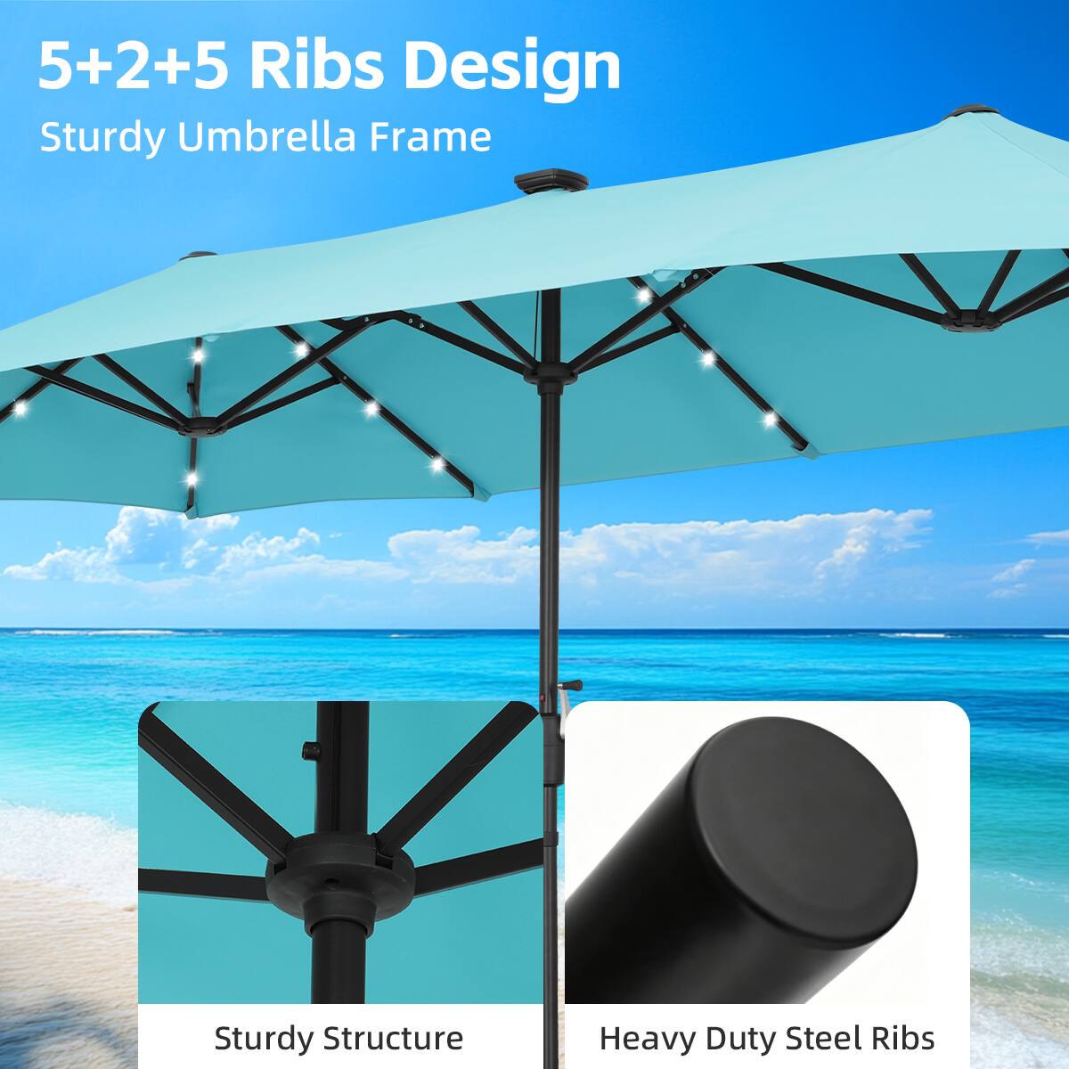 5+2+5 Ribs Design  
Sturdy Umbrella Frame  
Sturdy Structure  
Heavy Duty Steel Ribs