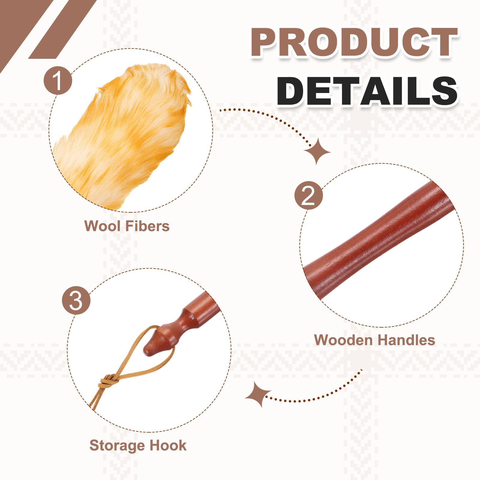1. PRODUCT DETAILS
2. Wool Fibers
3. Wooden Handles
4. Storage Hook