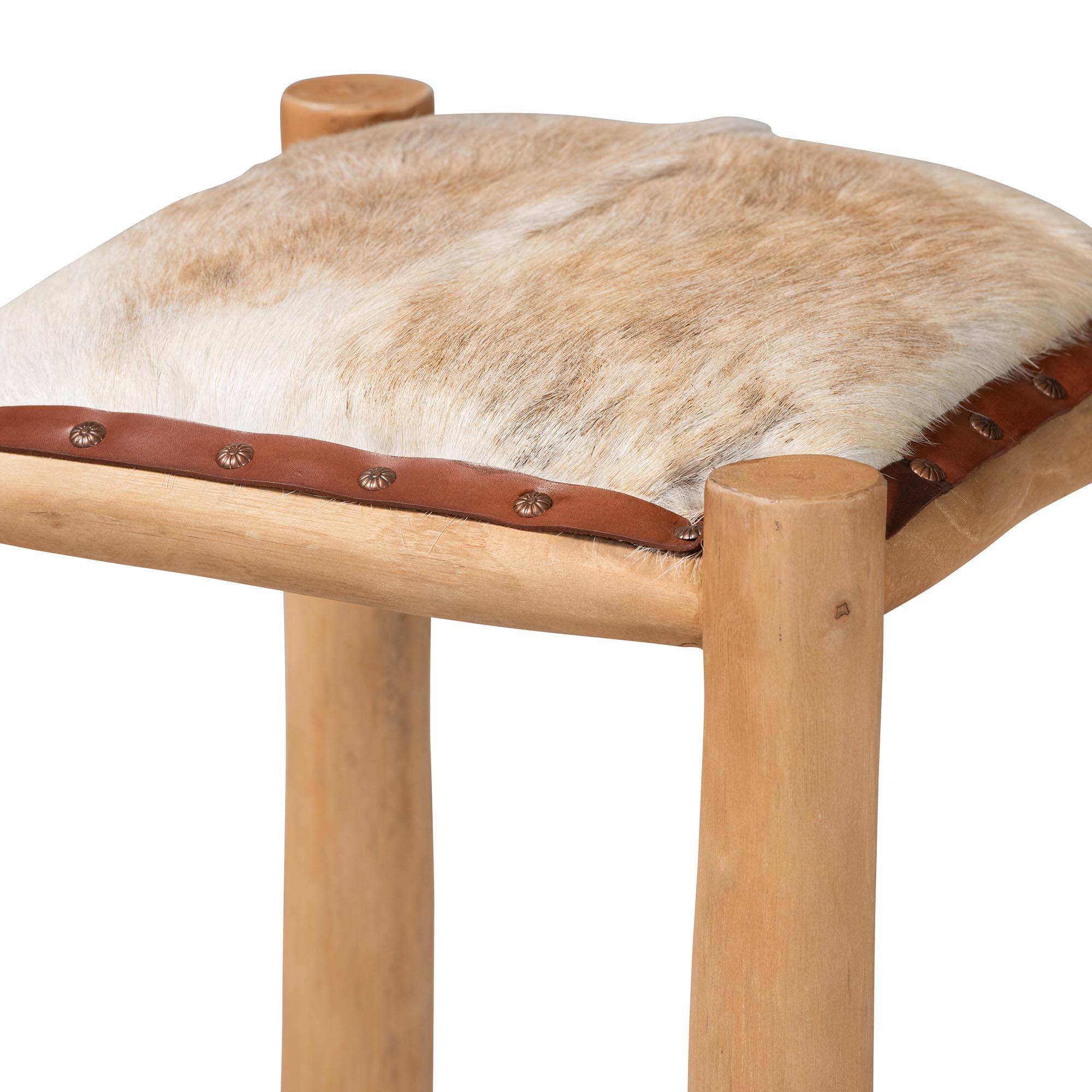 Left. bali & pari - Rivera Genuine Goat Leather Bar Stool - Rustic Boho Seating with Teak Wood Frame and Natural Hide Upholstery - Natural Brown/Teak Brown.