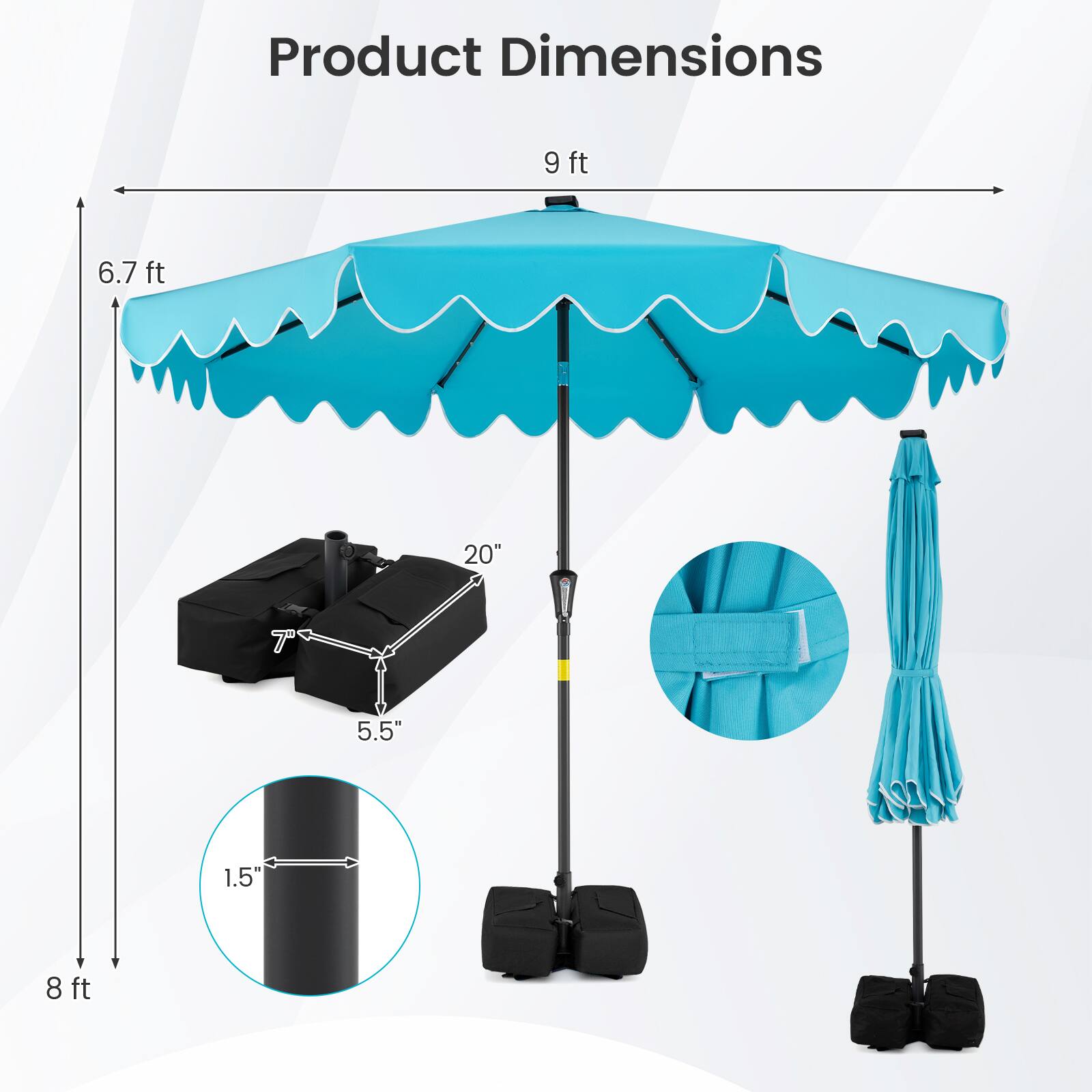 Product Dimensions: 9 ft x 6.7 ft, 20" T, 5.5", 1.5", 8 ft