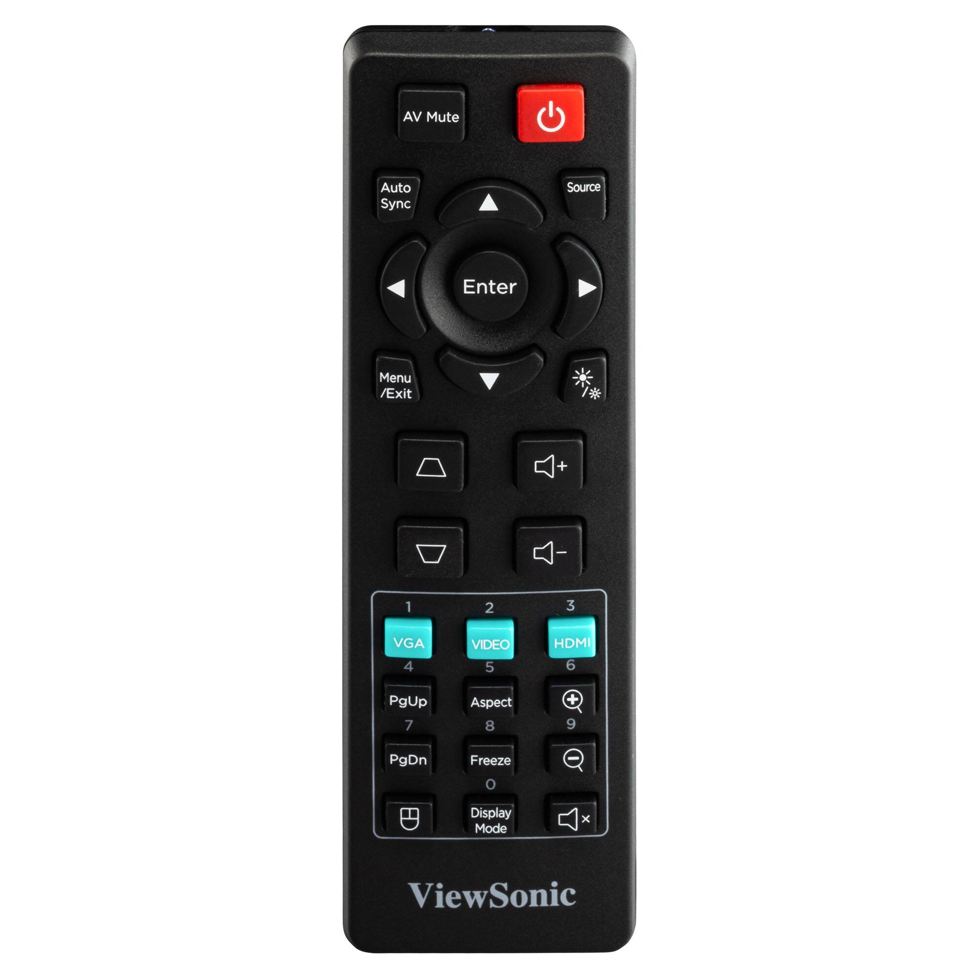 AV Mute  
Auto Sync  
Enter  
Menu / Exit  

Source  

1 VGA  
2 VIDEO  
3 HDMI  

PgUp  
Aspect  
PgDn  
Freeze  
Display Mode  

ViewSonic