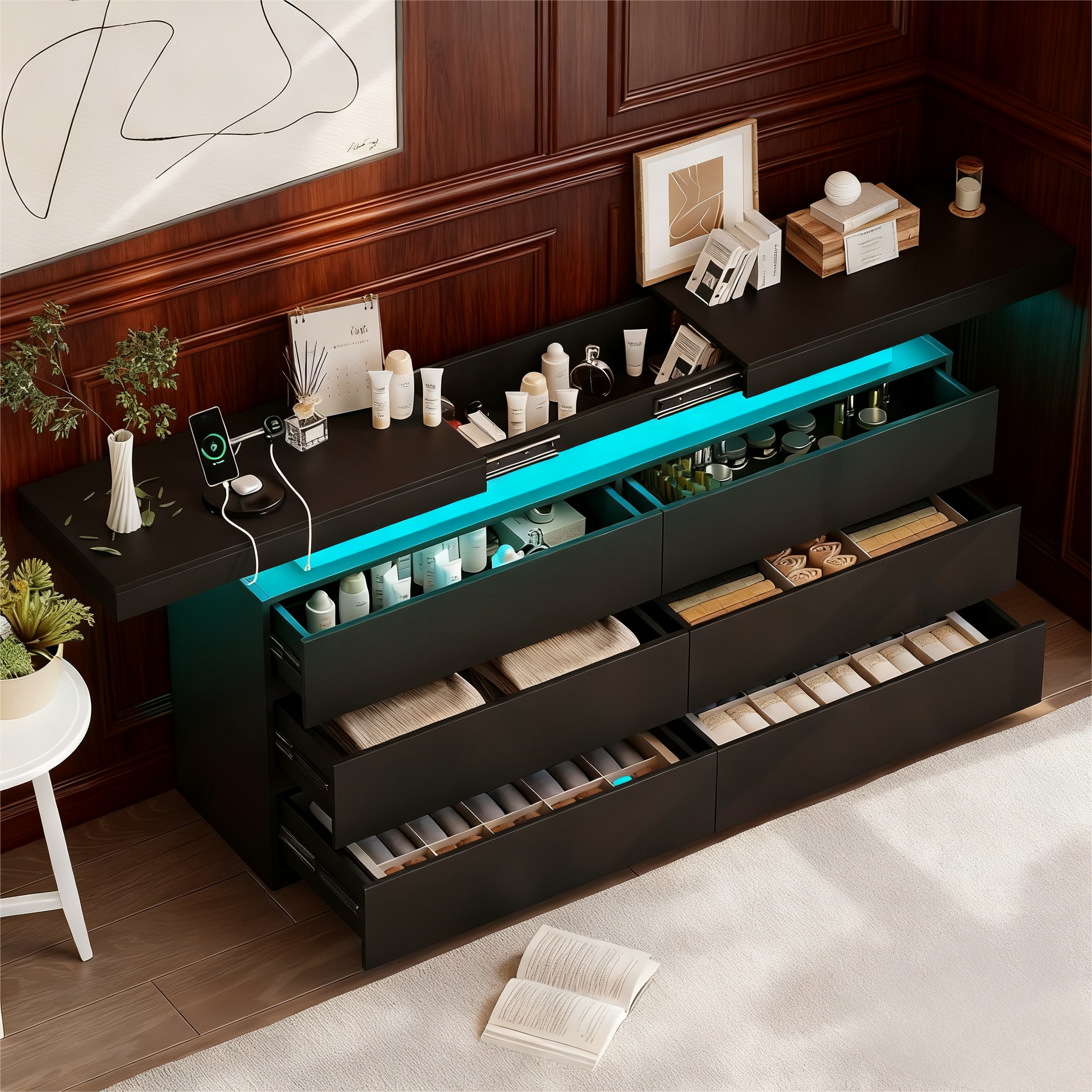 Dyonery - modern 6-drawer cabinet, the top countertop can be flexibly expanded, the lighting mode can be switched in color - Black